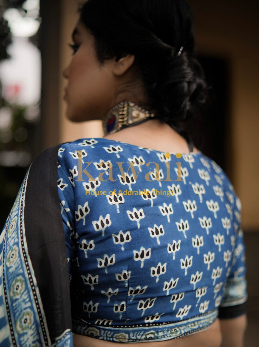 Kawaii ajrakh saree blouse with blue traditional block print design and black patterned pallu