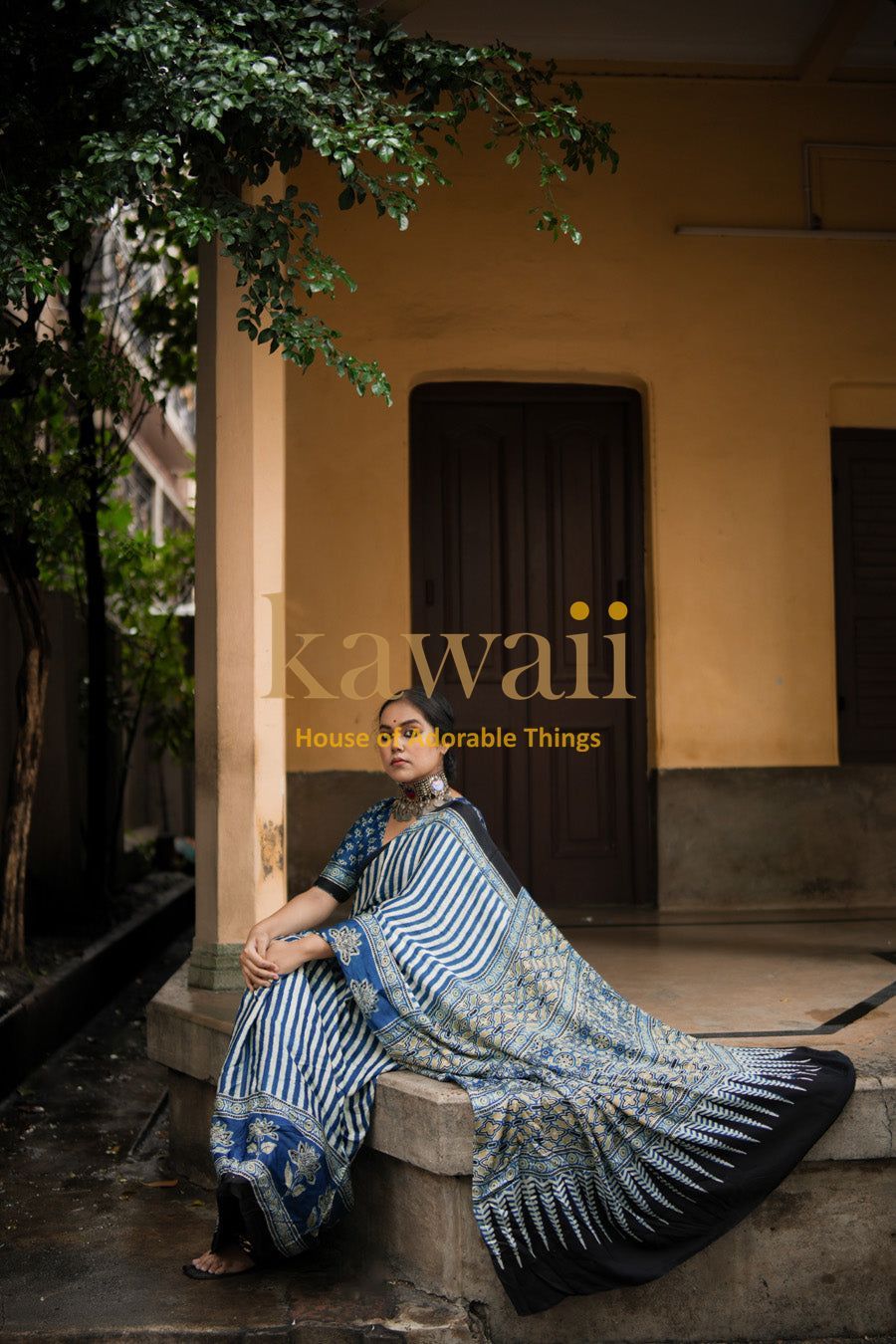 Woman wearing a blue and white striped Ajrakh saree sitting outdoors by a yellow wall