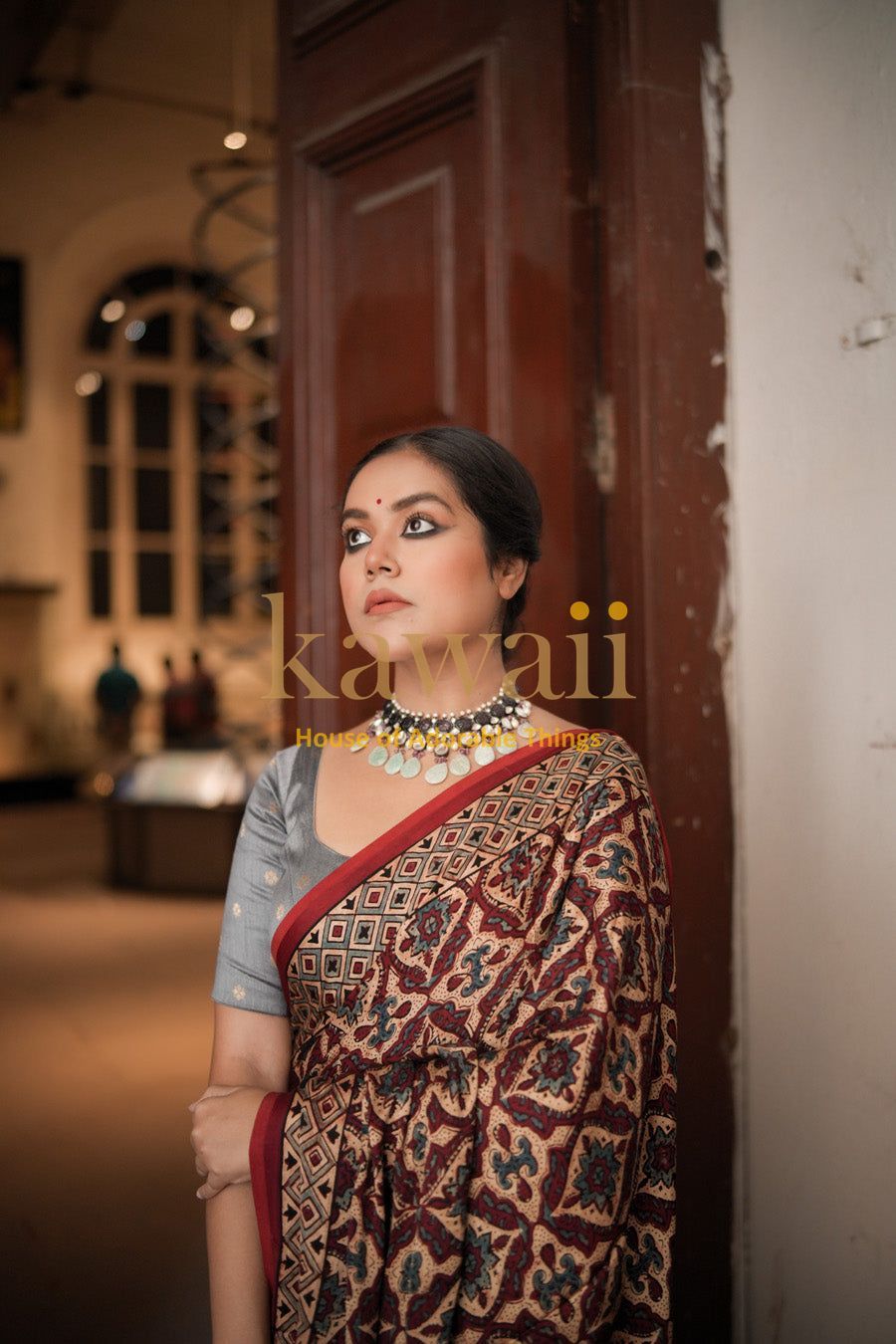 Elegant woman wearing a traditional ajrakh saree with intricate patterns and a contrasting blouse