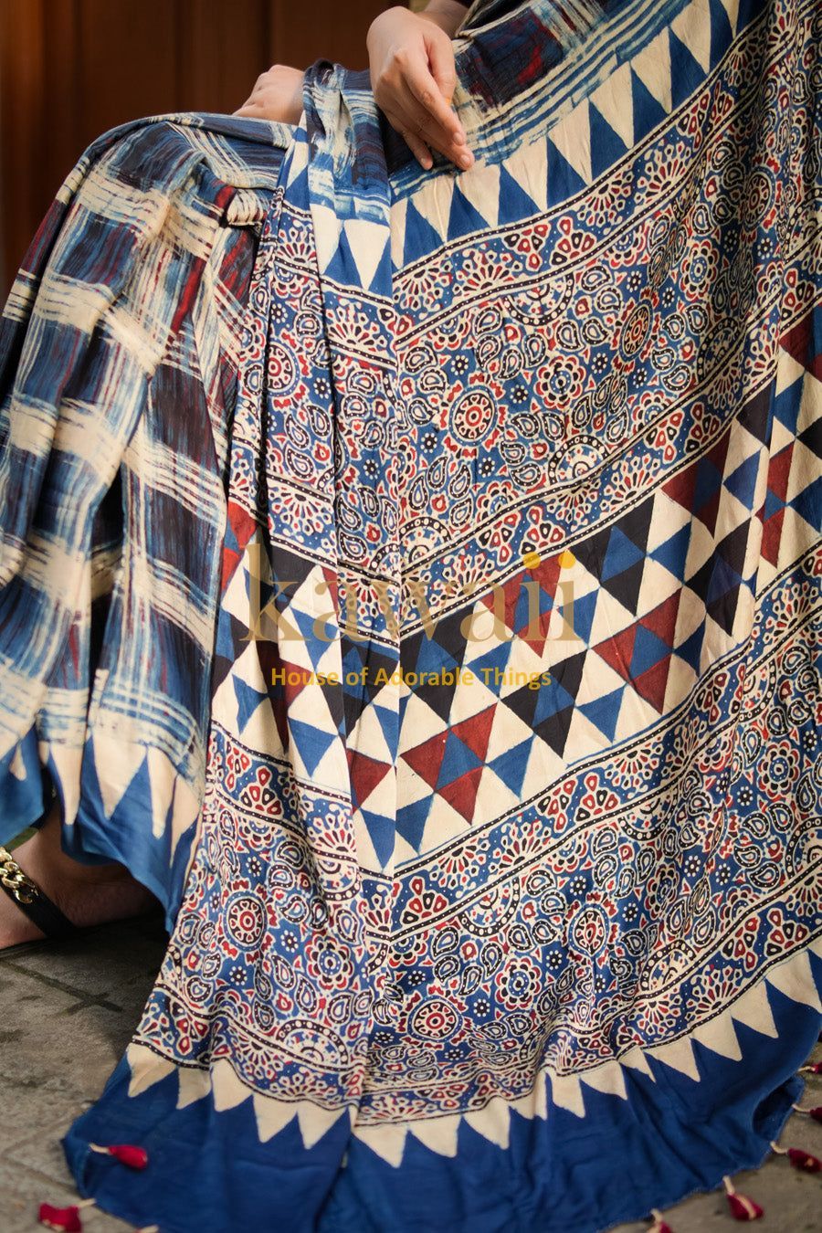 Kawaii ajrakh saree with intricate blue and red geometric and floral patterns on soft fabric