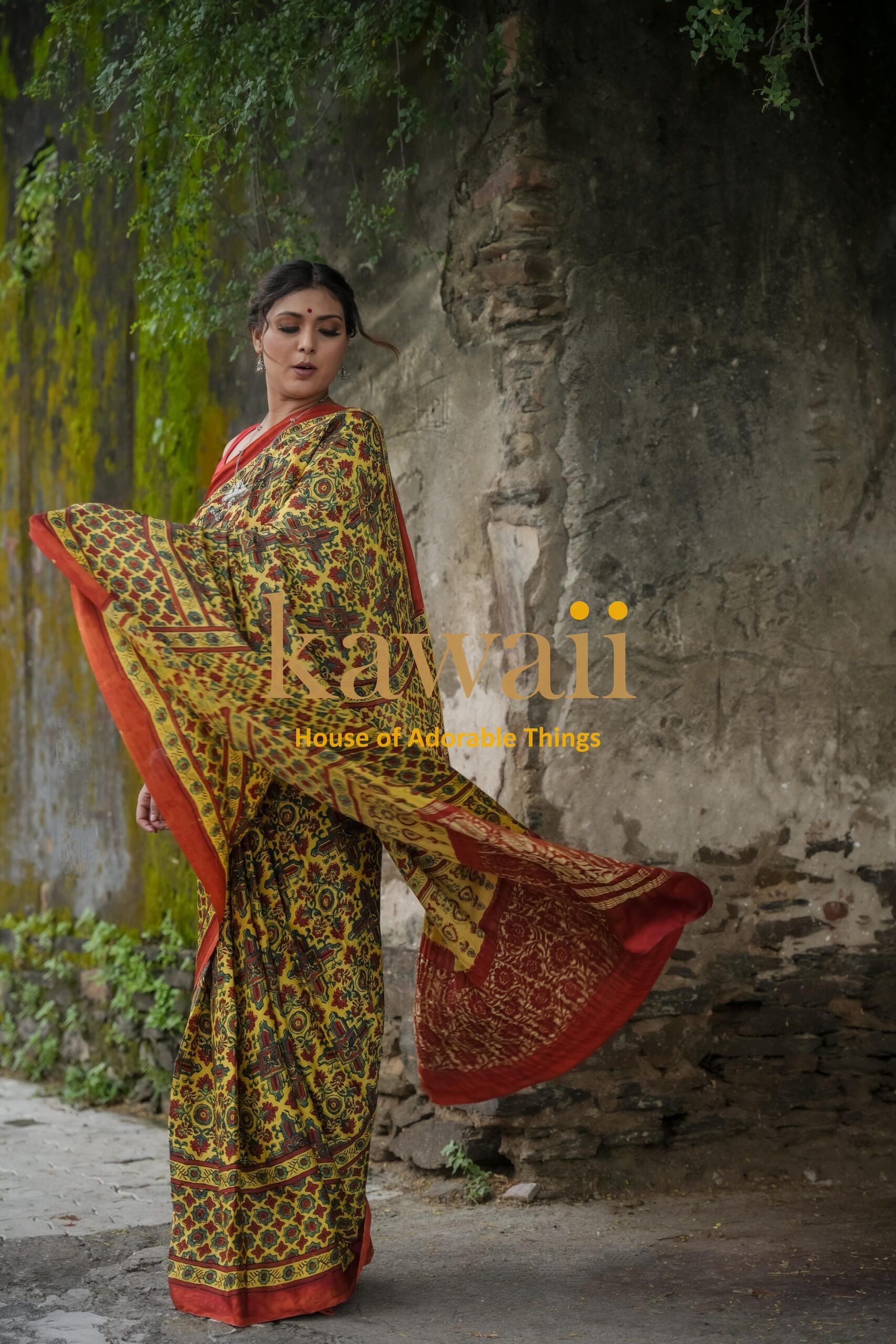 Woman wearing a traditional Kawaii ajrakh saree with intricate patterns and red border outdoors