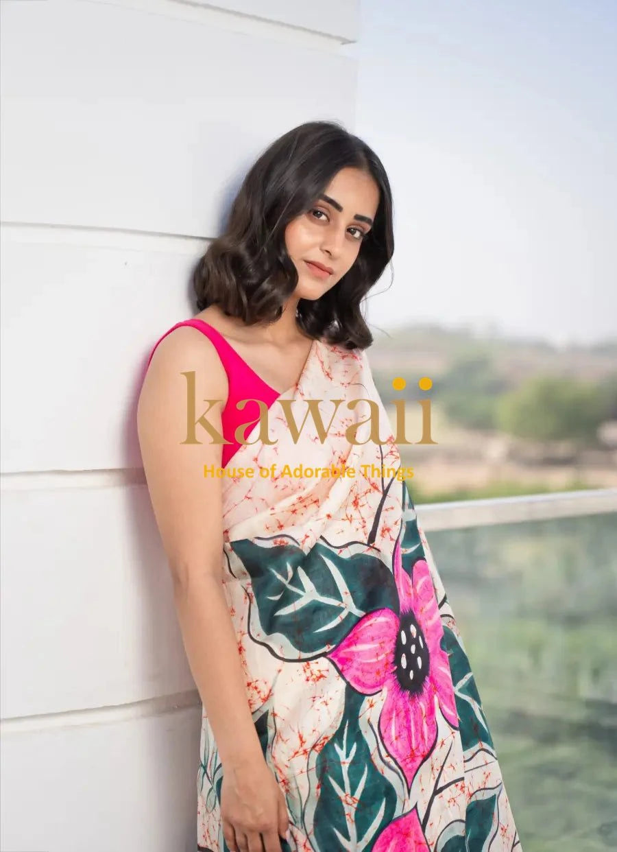 Woman wearing a colorful floral batik saree from Kawaii with pink and green patterns