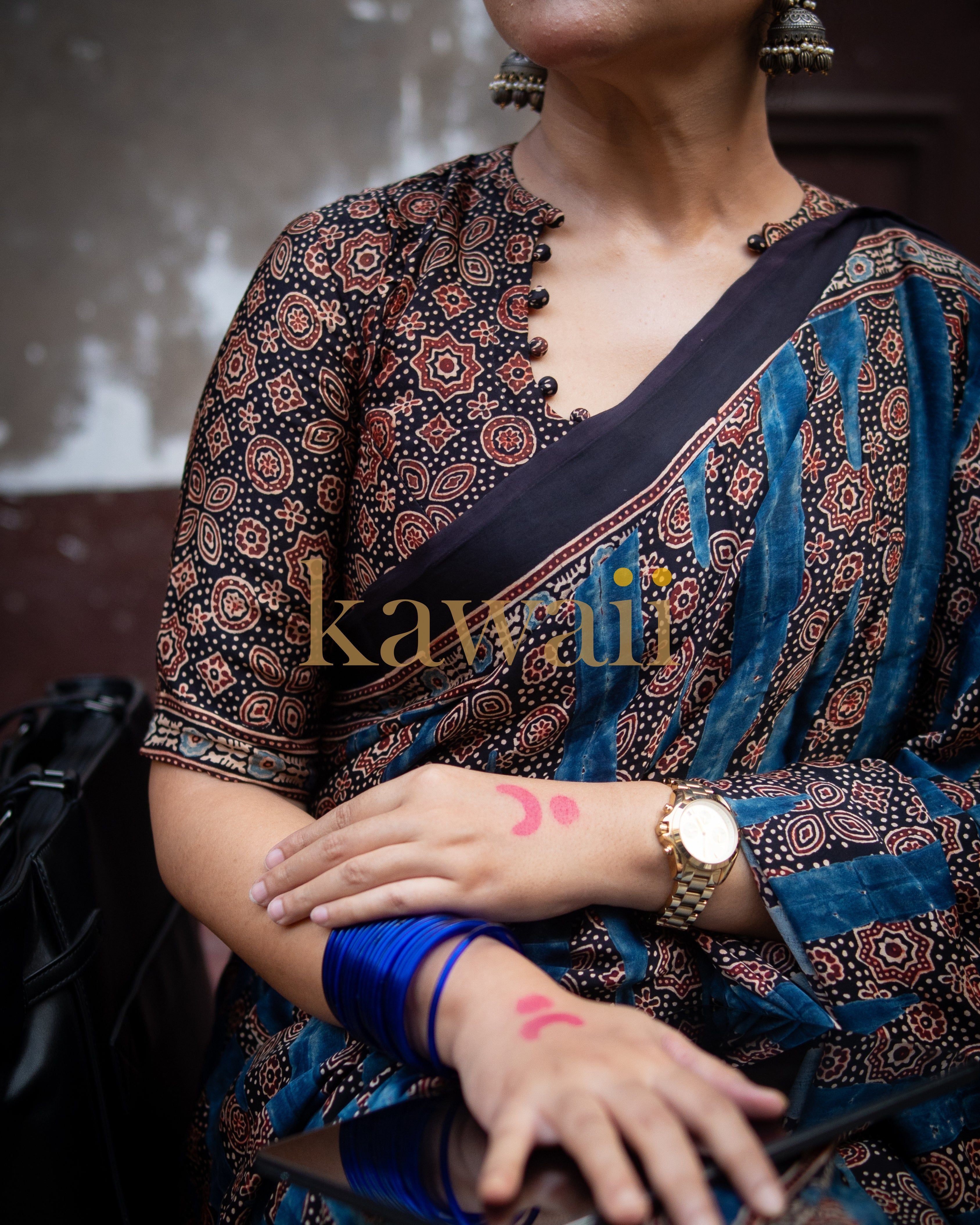 Kawaii best ajrakh saree in traditional blue and black with intricate patterns and half sleeves blouse