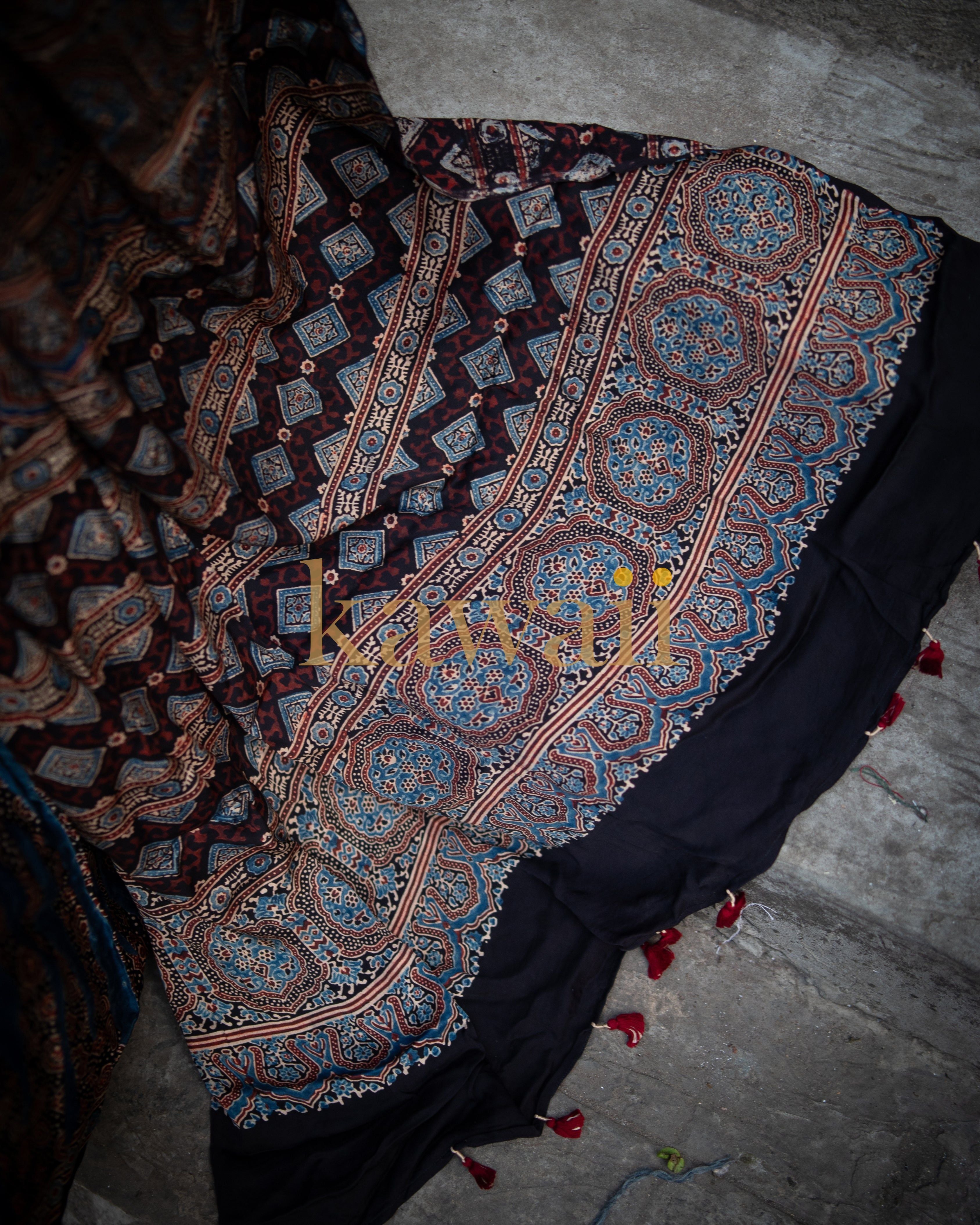 Kawaii best ajrakh saree with intricate blue and brown traditional patterns on black fabric