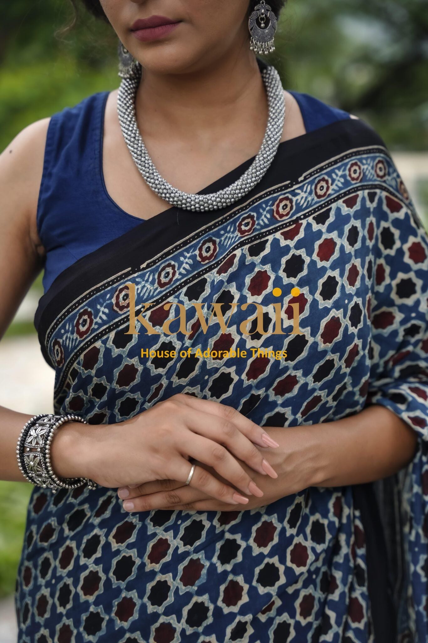 Kawaii best authentic handcrafted ajrakh saree online in blue and black with traditional geometric patterns