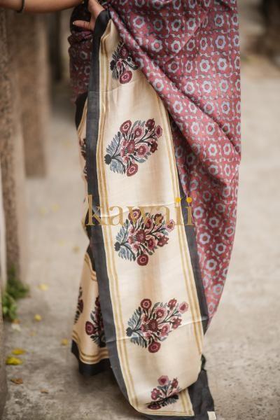 Elegant Kawaii block print saree featuring floral patterns and contrasting borders for stylish occasions
