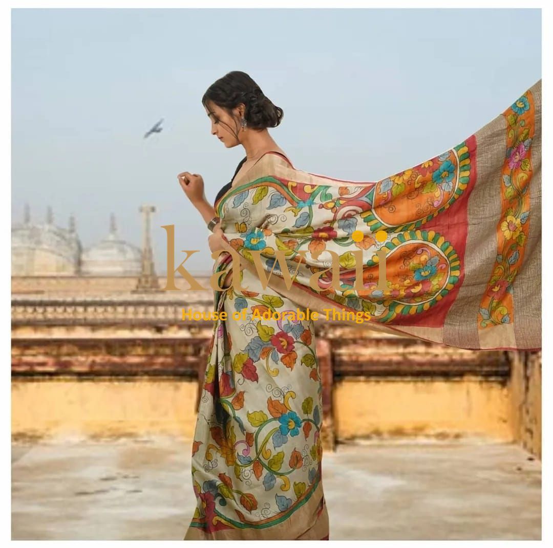 Kawaii brand kalamkari saree featuring traditional floral and circular patterns in vibrant colors