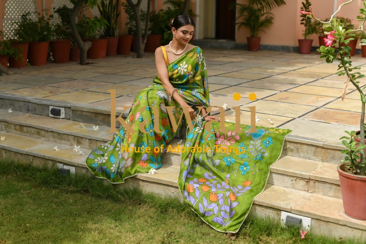 Kawaii green kalamkari saree with floral patterns worn by woman sitting outdoors on steps