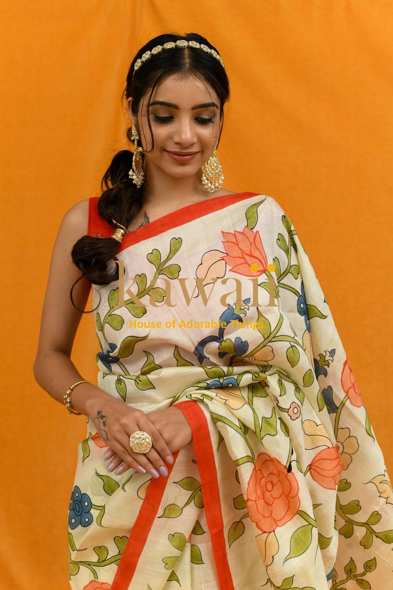 Kawaii kalamkari saree online with floral handcrafted sarees in India featuring vibrant colors and intricate designs