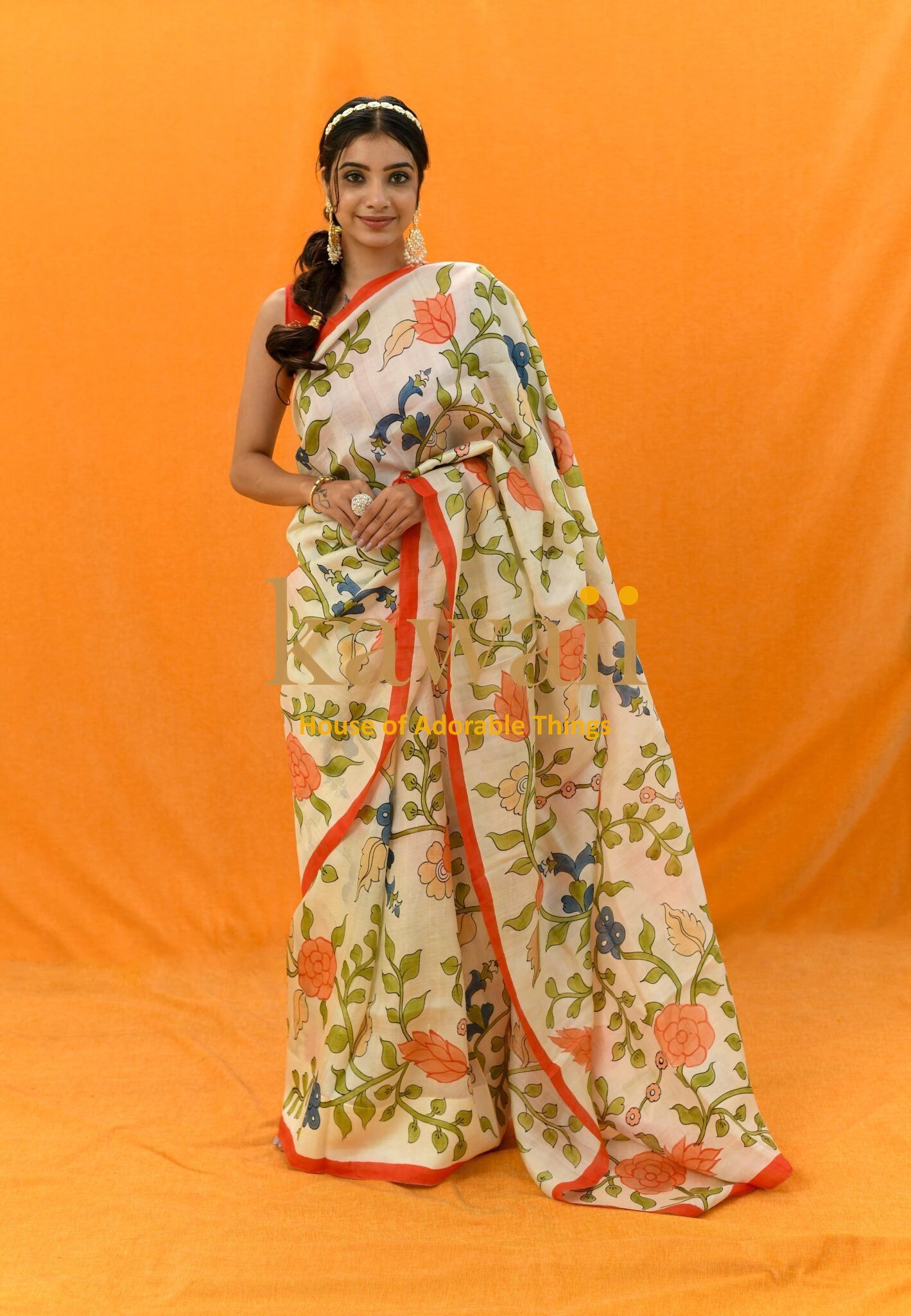 Kawaii kalamkari saree online featuring floral handcrafted sarees in India with vibrant colors