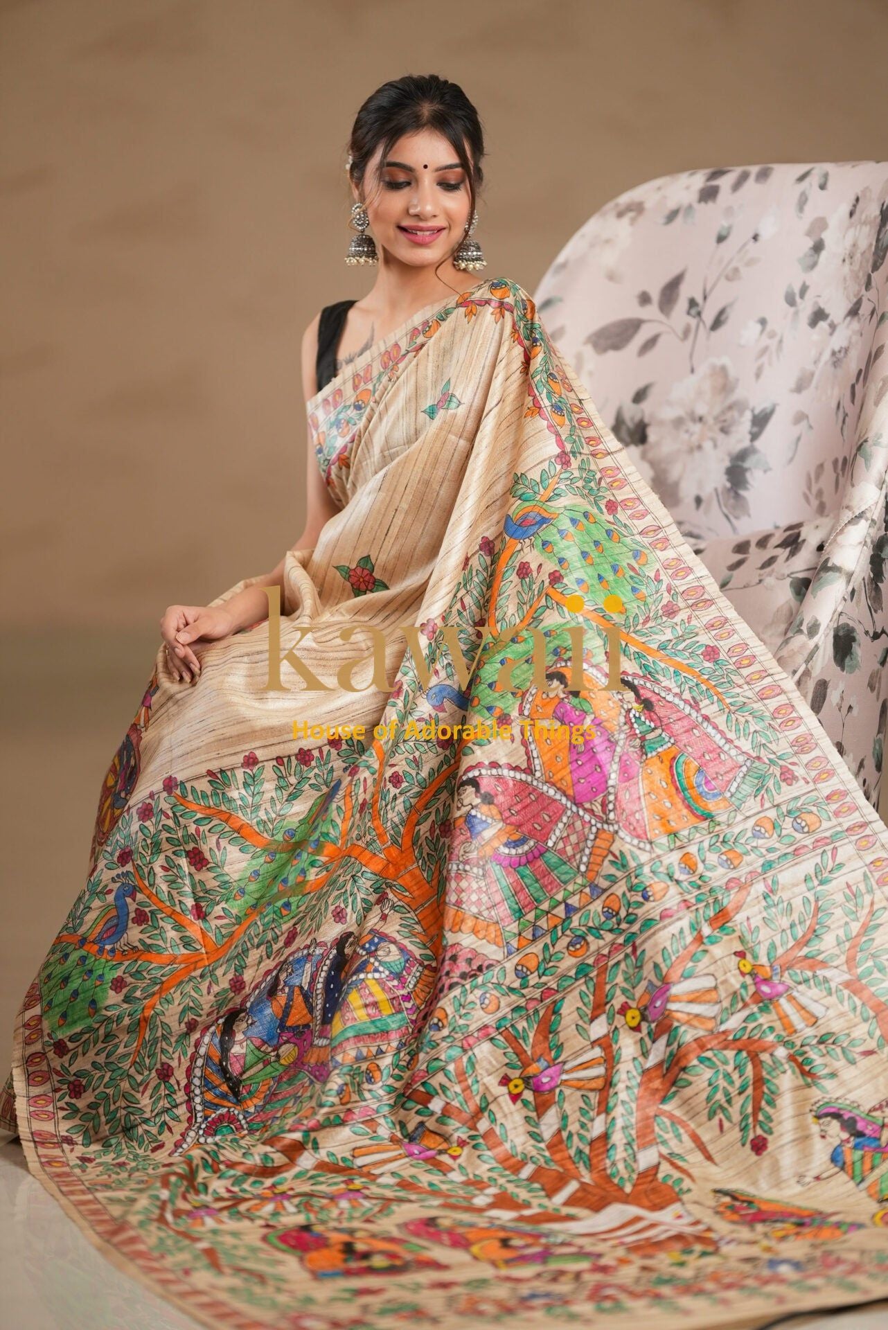 Kawaii madhubani saree featuring intricate colorful traditional patterns worn by a smiling woman