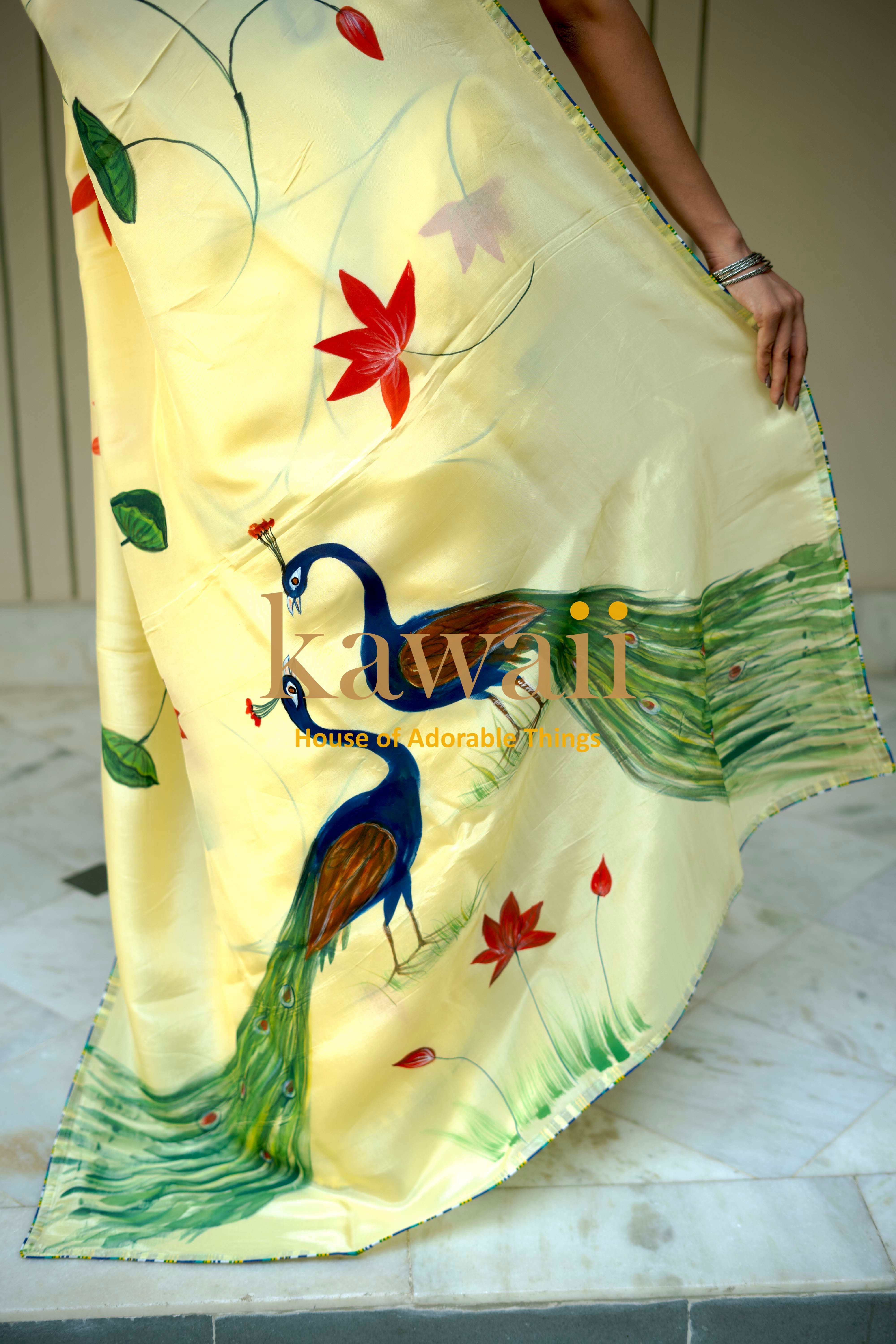 Kawaii pichwai saree with hand-painted peacock and floral design on cream fabric
