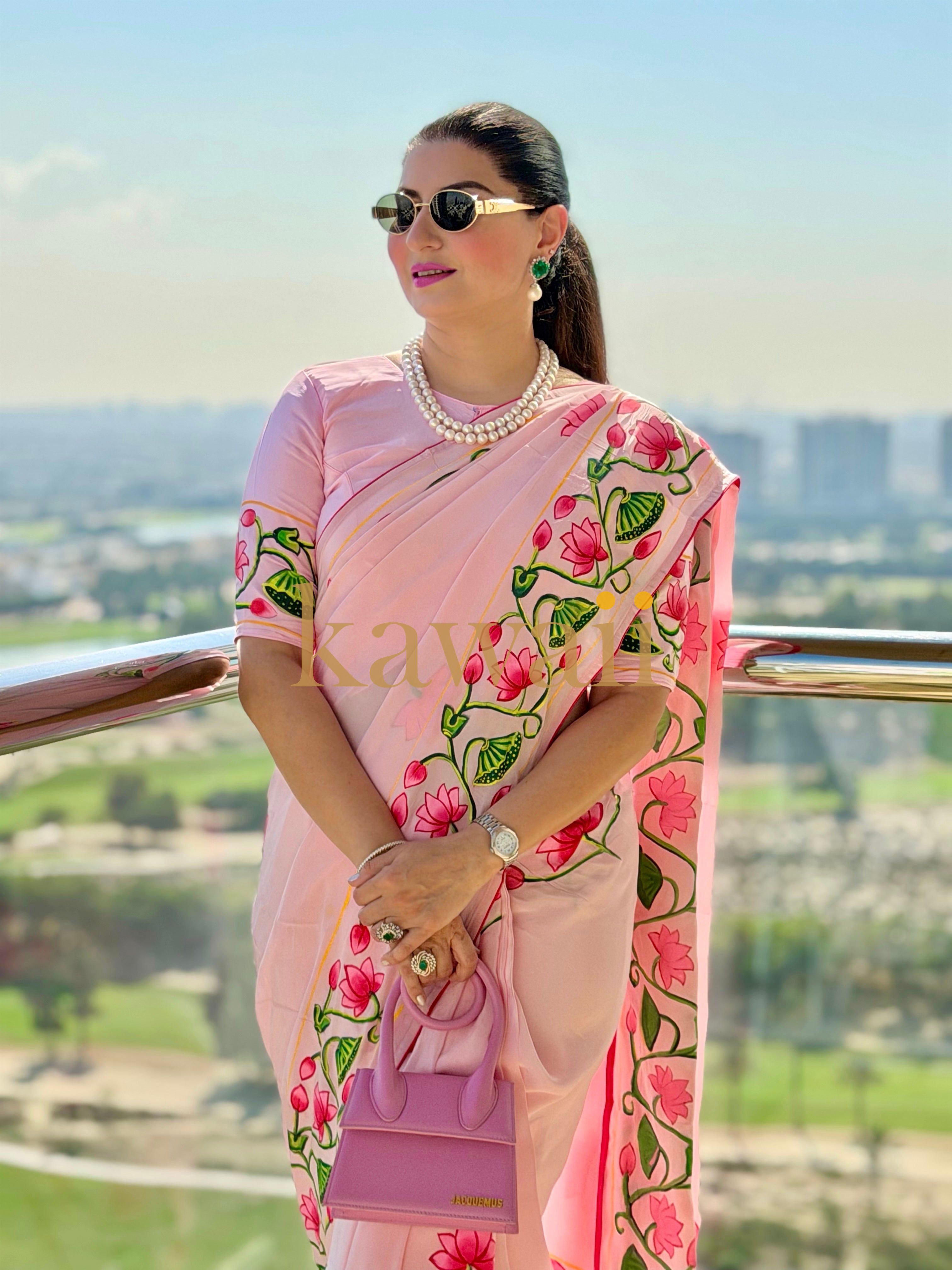 Elegant Kawaii pichwai saree in pink featuring vibrant floral patterns for festive occasions