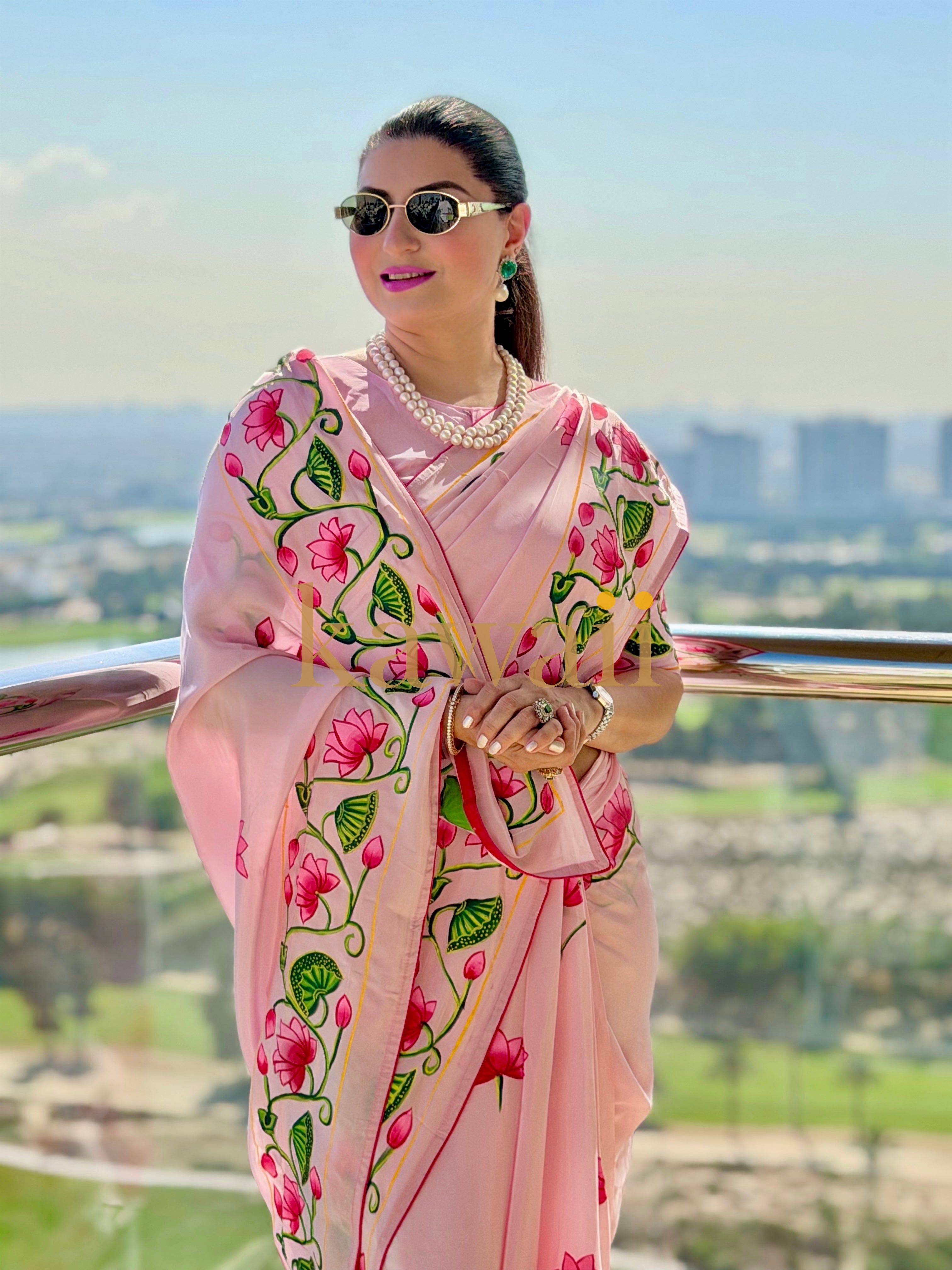 Elegant Kawaii pichwai saree in soft pink with floral embroidery for festive occasions