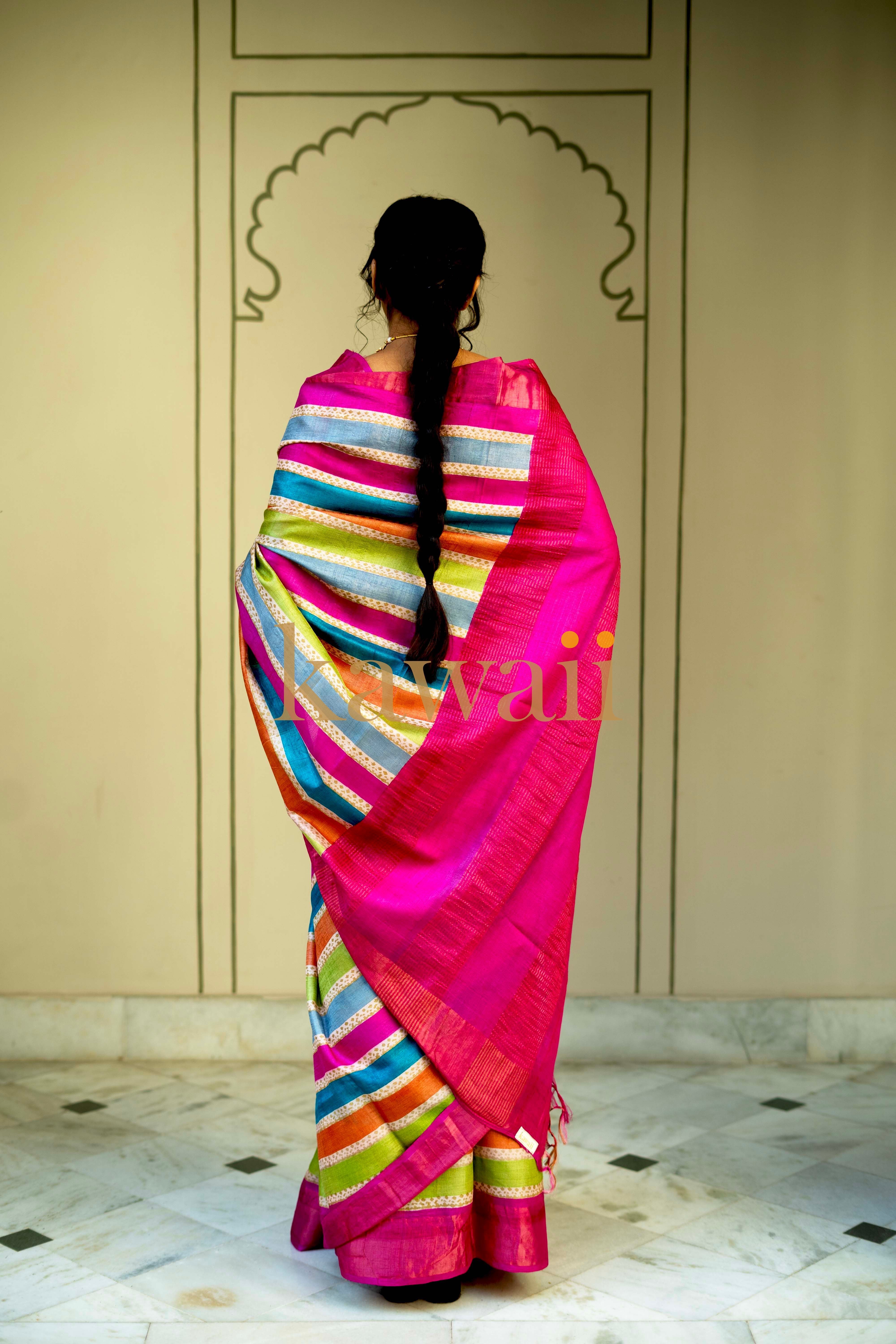 Back view of a Kawaii block print saree in vibrant colors crafted from silk tussar