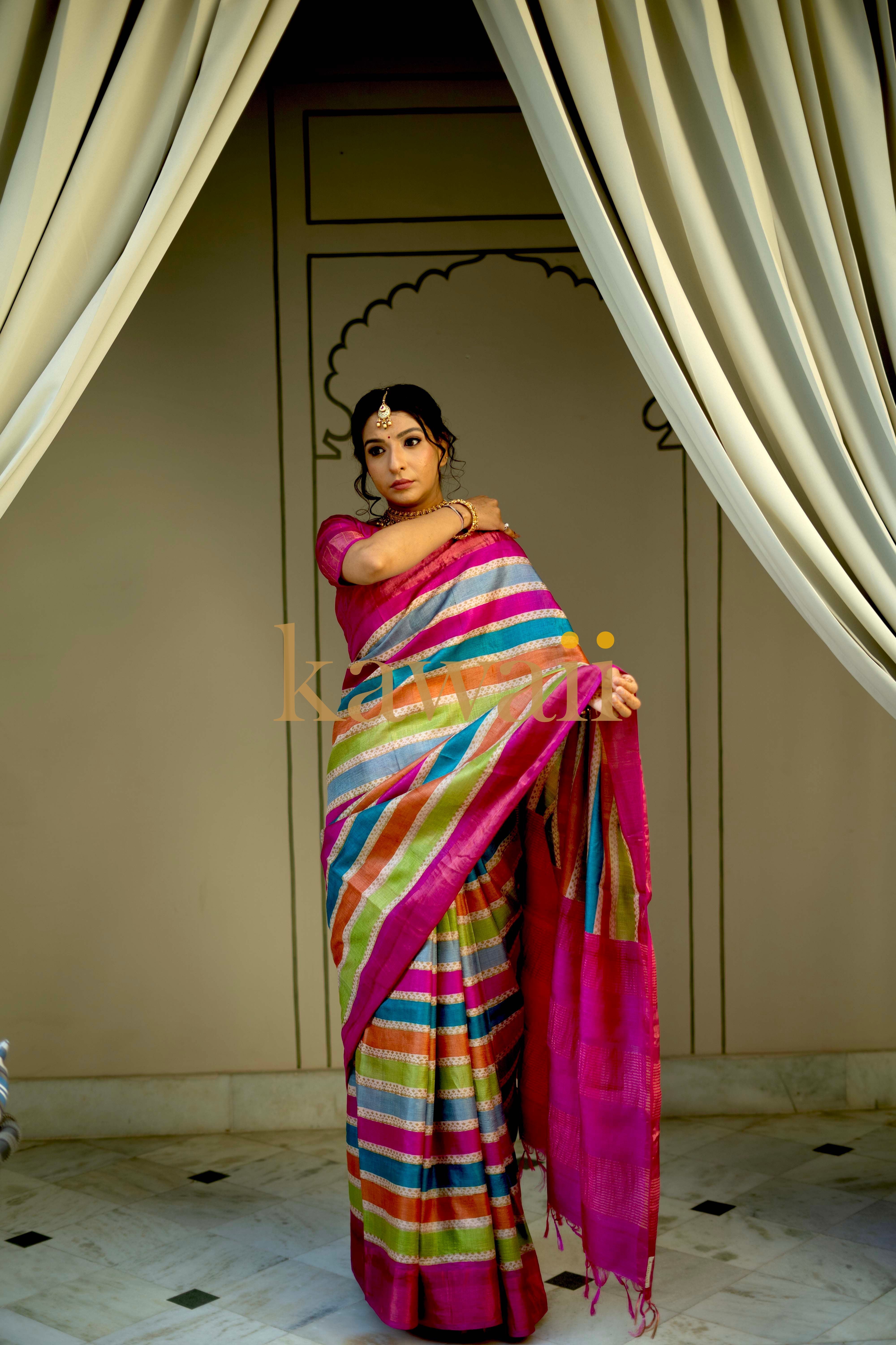 Kawaii Block Print Saree in silk tussar with vibrant stripes, perfect for festive occasions