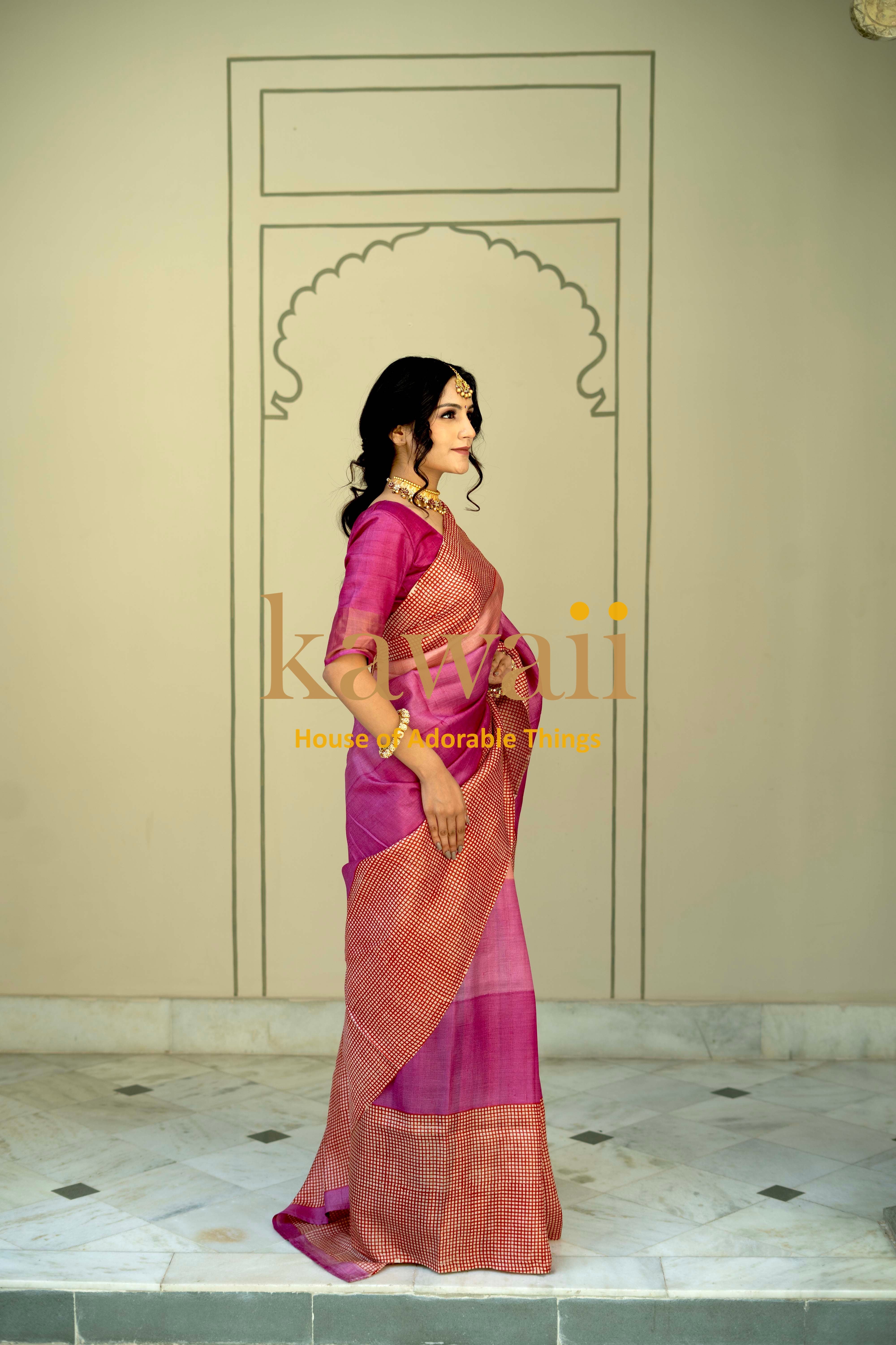 Elegant Kawaii Block Print Saree in silk tussar with vibrant colors and intricate patterns