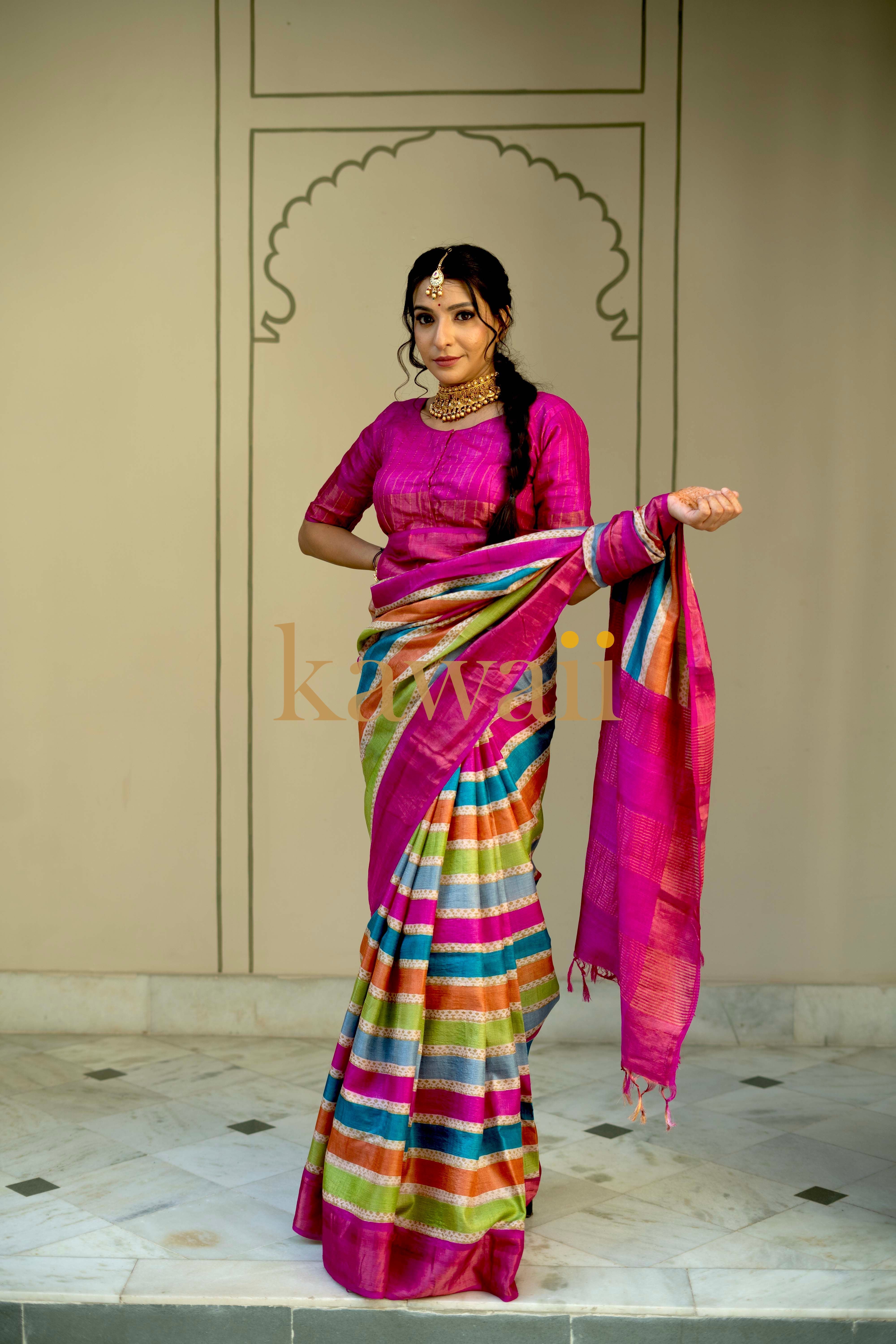 Kawaii Block Print Saree in silk tussar with vibrant colors and elegant draping style
