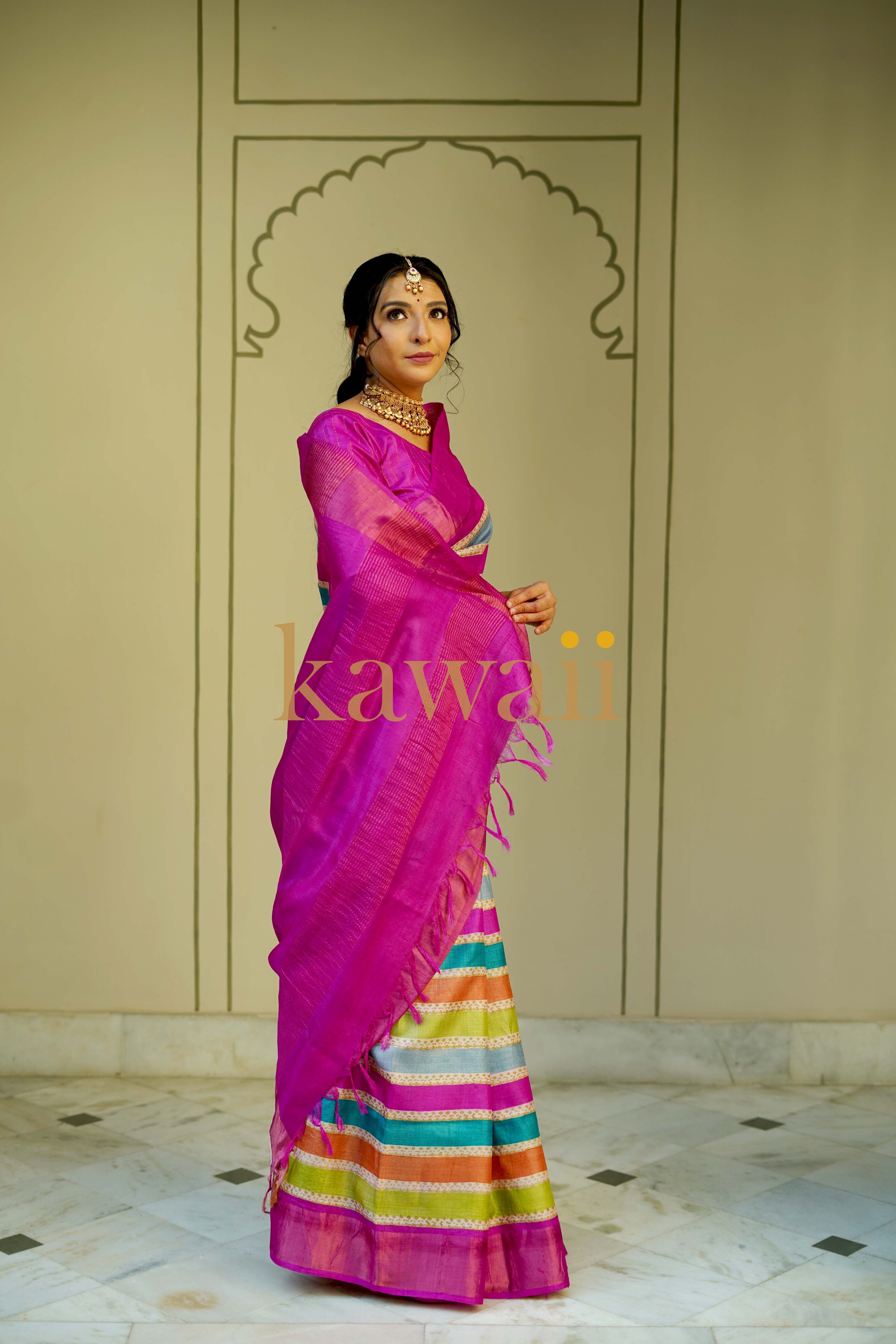 Elegant Block Print Saree in Silk Tussar with vibrant hues and intricate designs for festive occasions