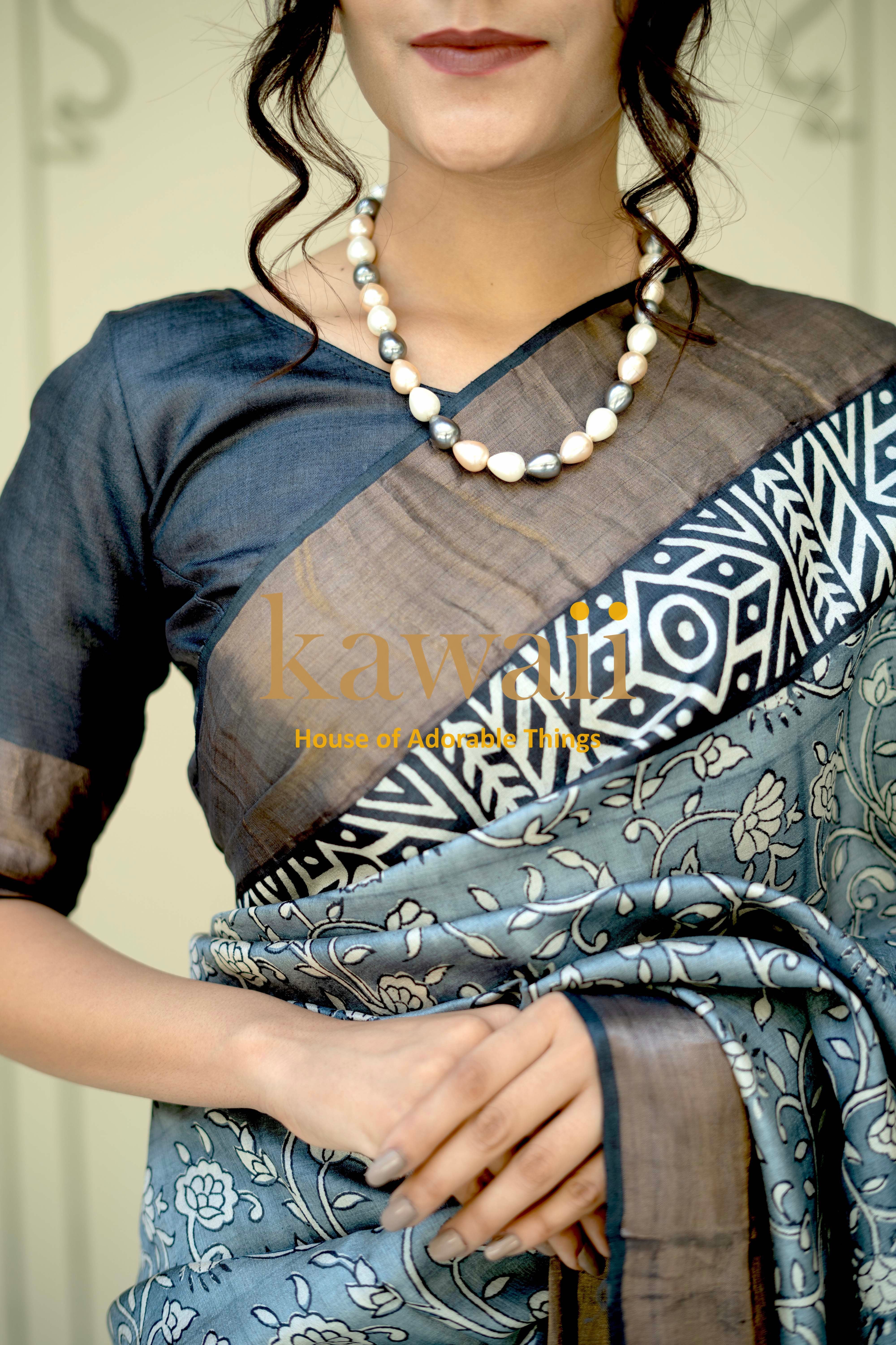 Elegant Kawaii Block Print Saree in silk tussar with intricate floral designs and a stylish blouse