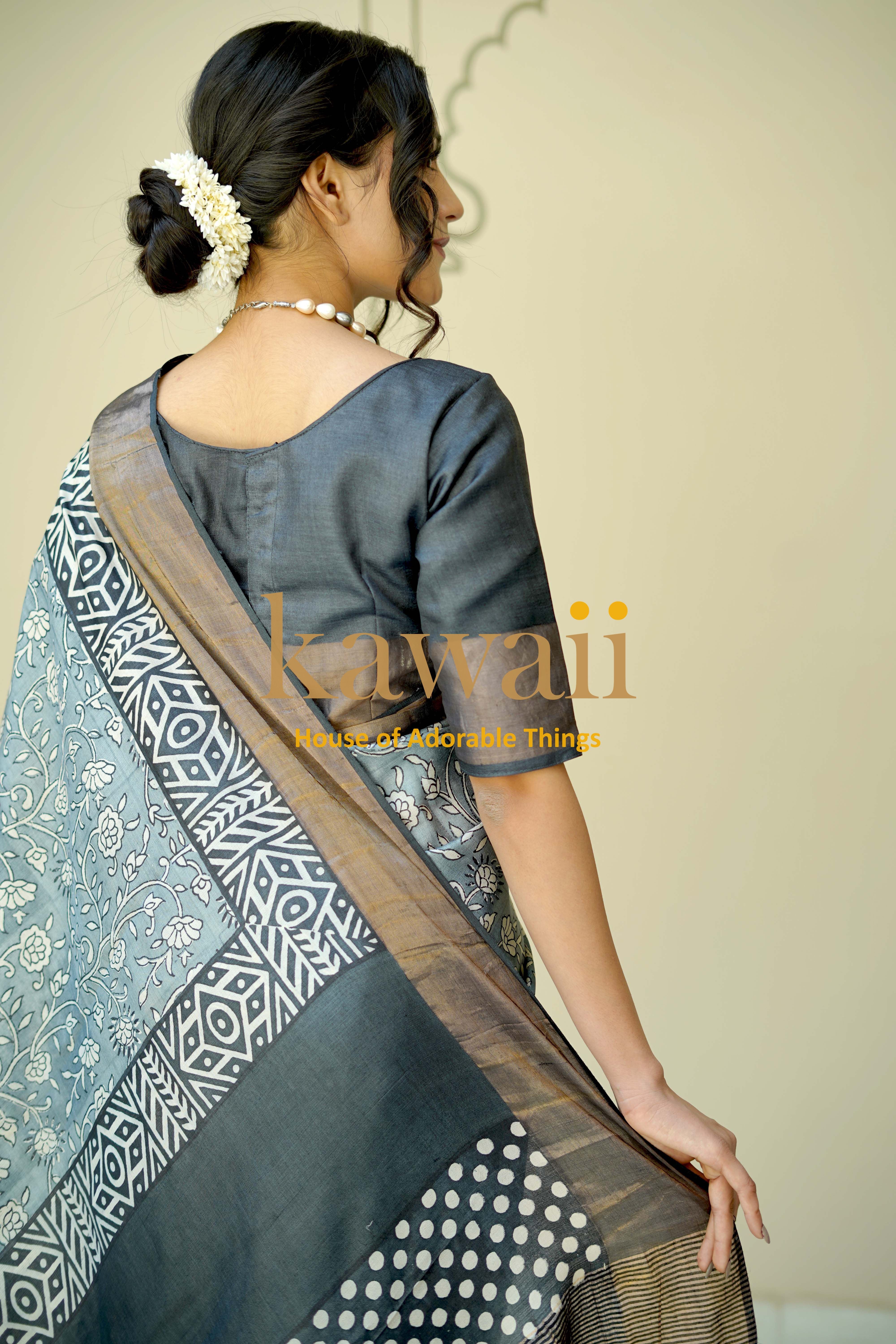 Elegant Kawaii Block Print Saree in Silk Tussar with intricate patterns and a stylish drape