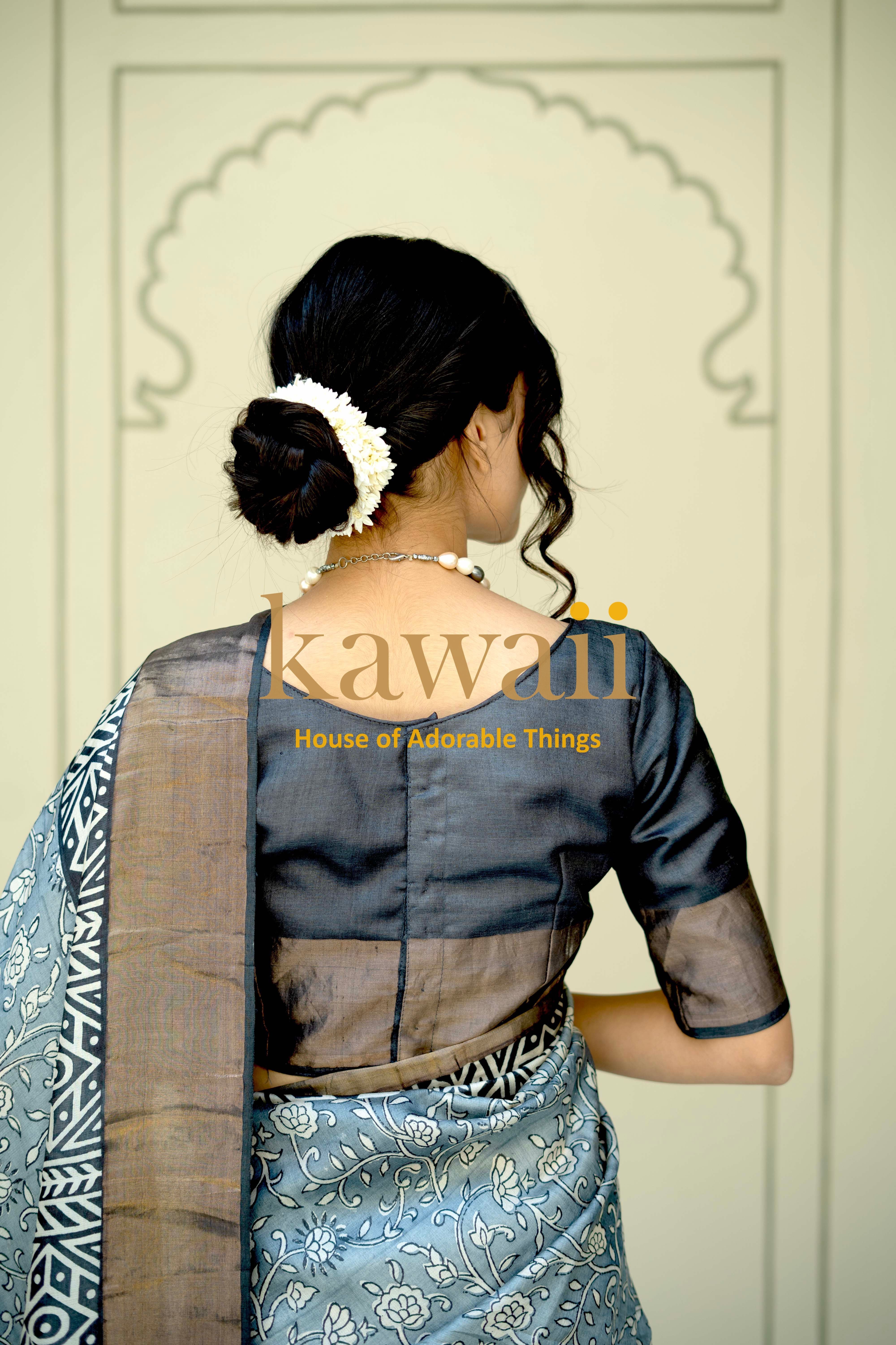 Kawaii silk tussar block print saree with intricate designs and elegant blouse, perfect for special occasions