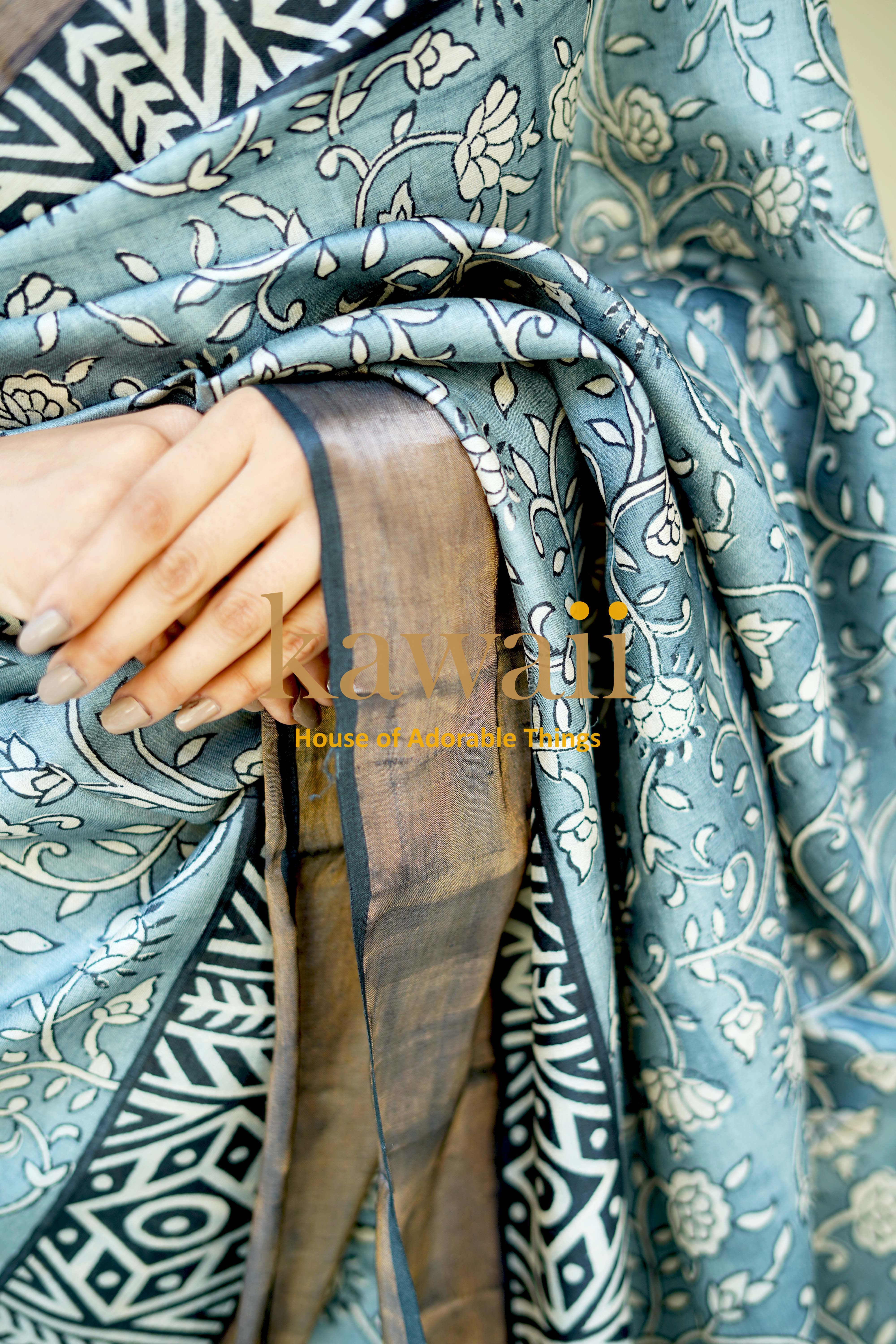 Kawaii Block Print Saree in Silk Tussar with Intricate Floral Design and Elegant Border