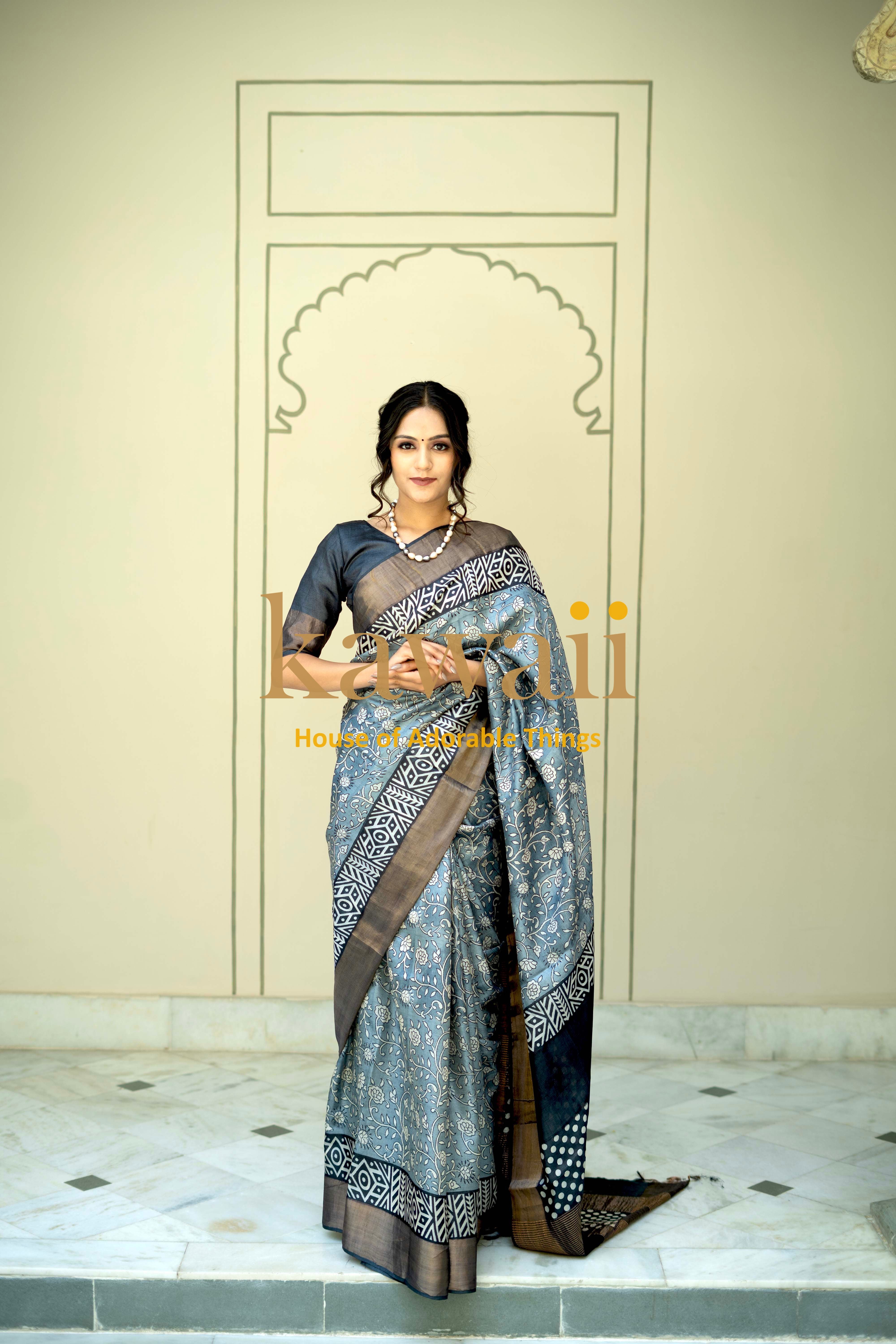 Elegant Block Print Saree in Silk Tussar with Intricate Patterns and Rich Colors for Formal Occasions