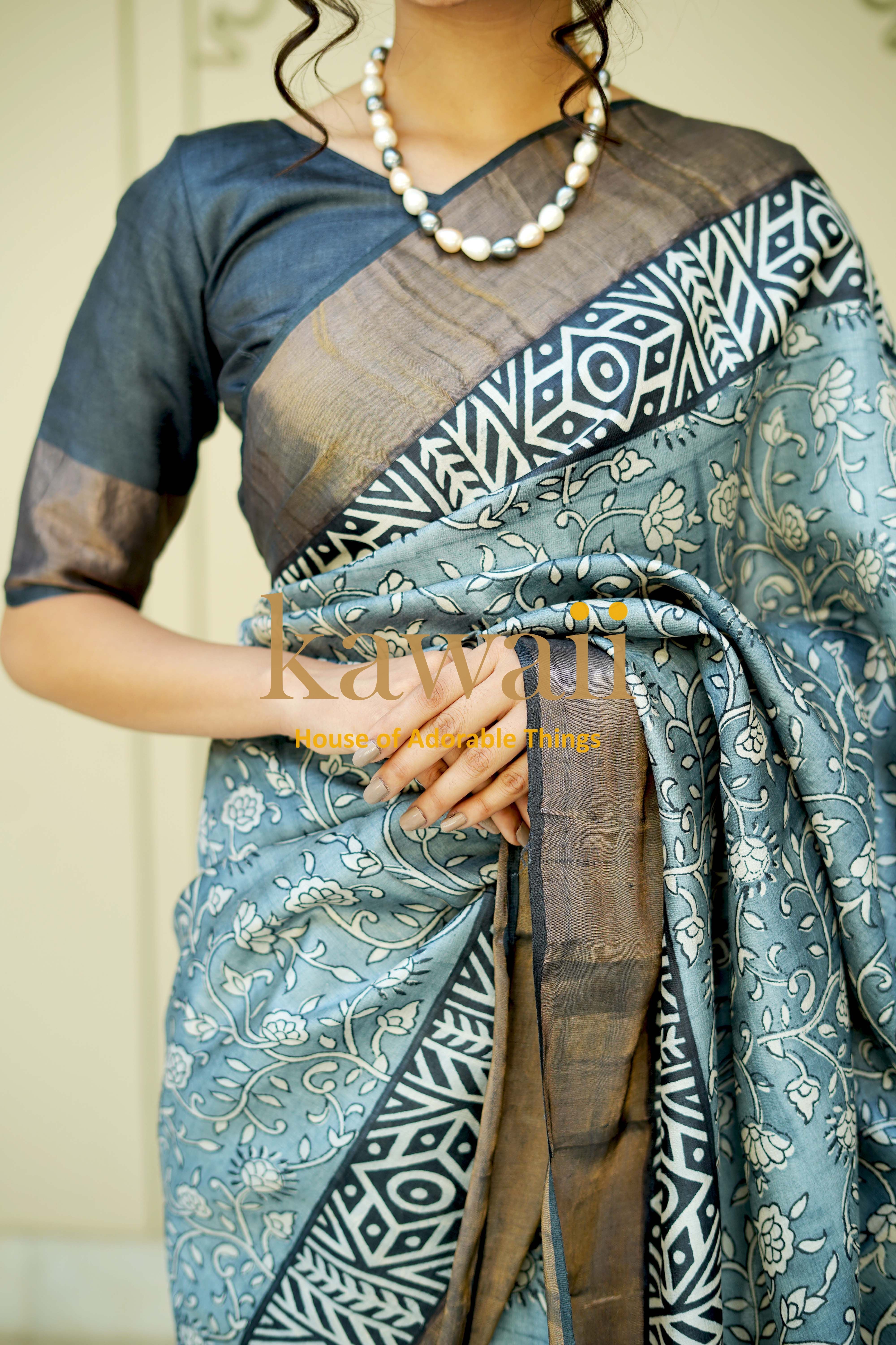 Elegant Kawaii Block Print Saree in Silk Tussar with Intricate Floral Design