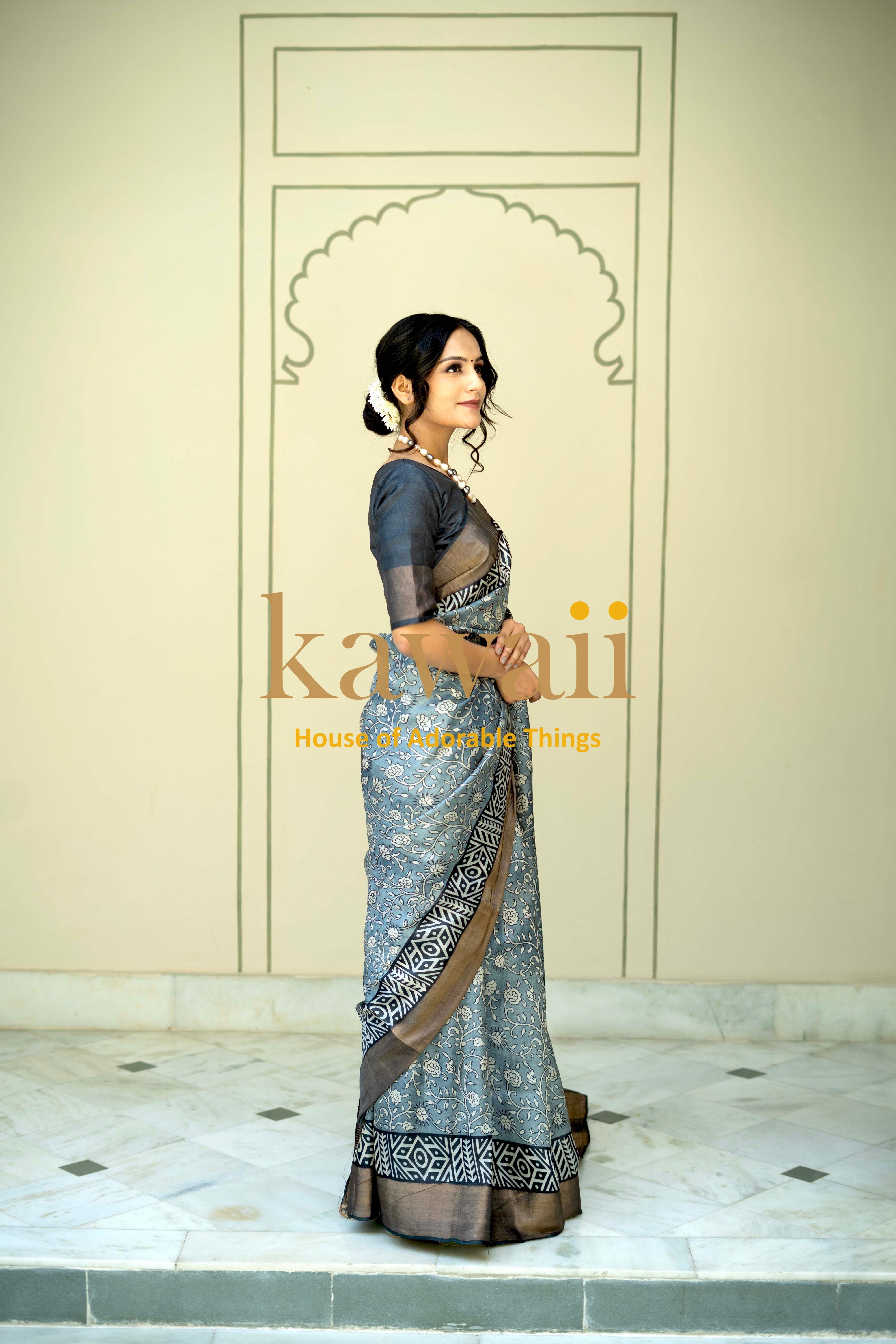Elegant Kawaii block print saree in silk tussar featuring intricate designs and a graceful drape
