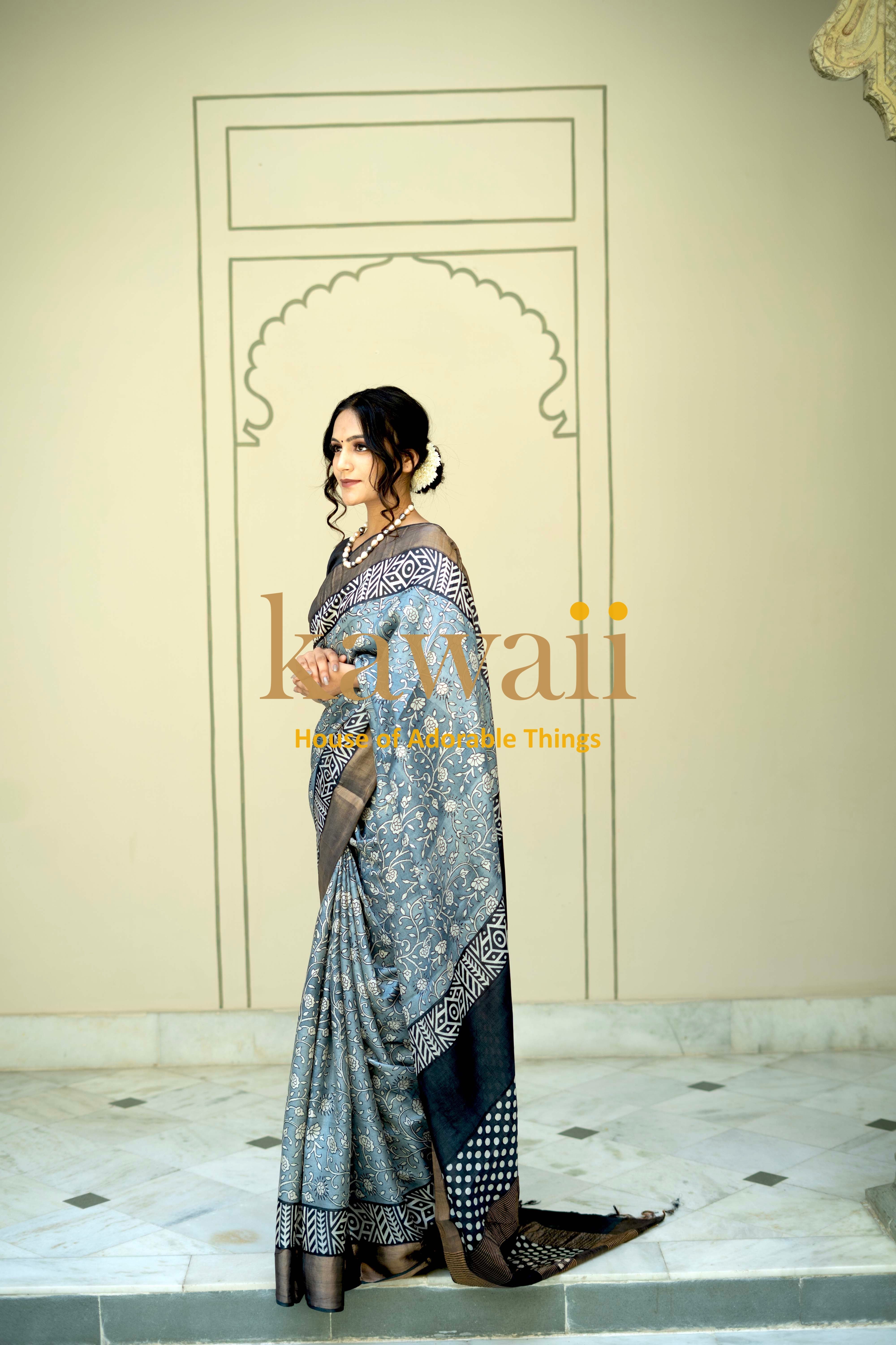 Elegant Kawaii Block Print Saree in Silk Tussar with intricate patterns and a rich color palette