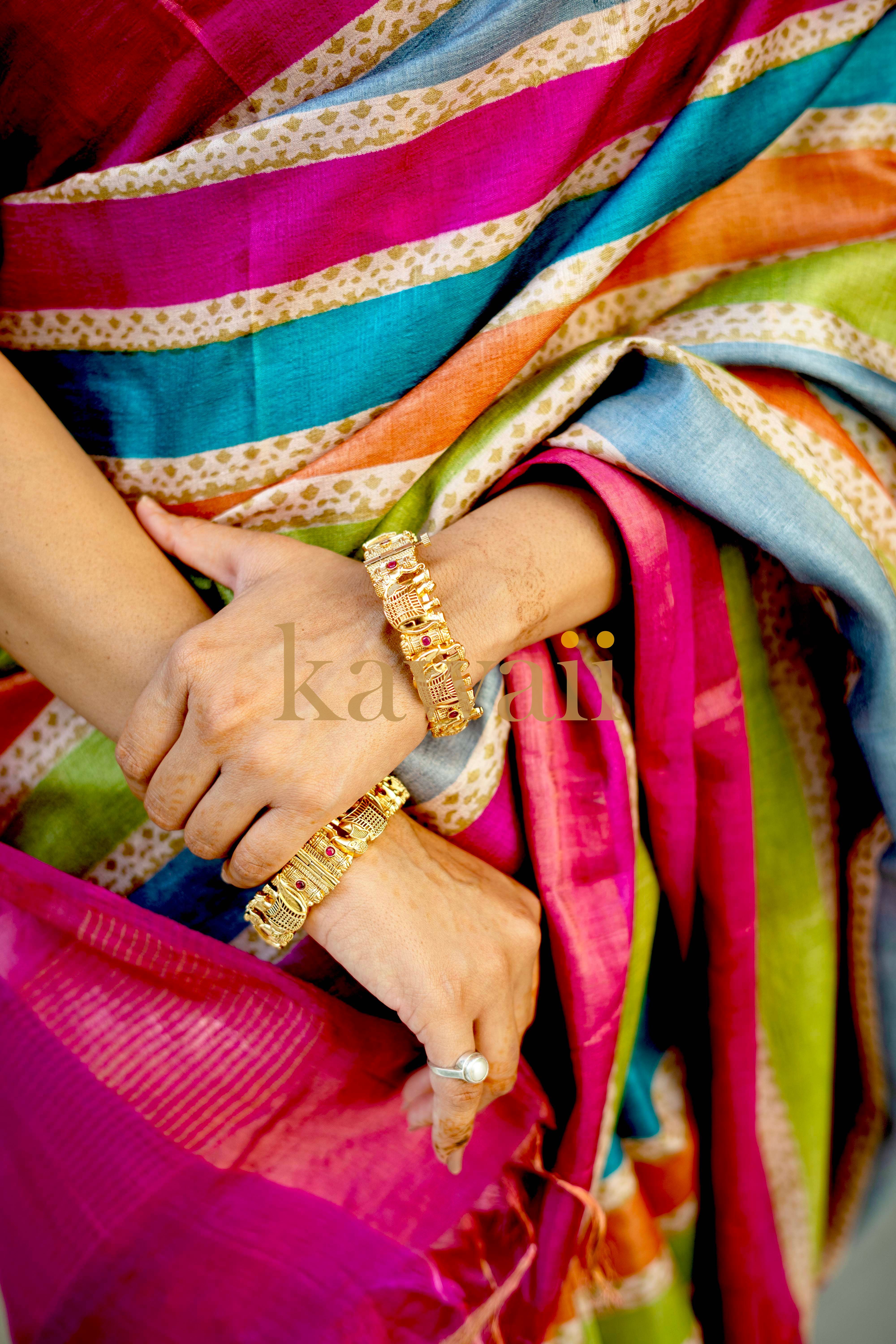 Kawaii Block Print Saree in vibrant colors made from silk tussar, styled with elegant accessories