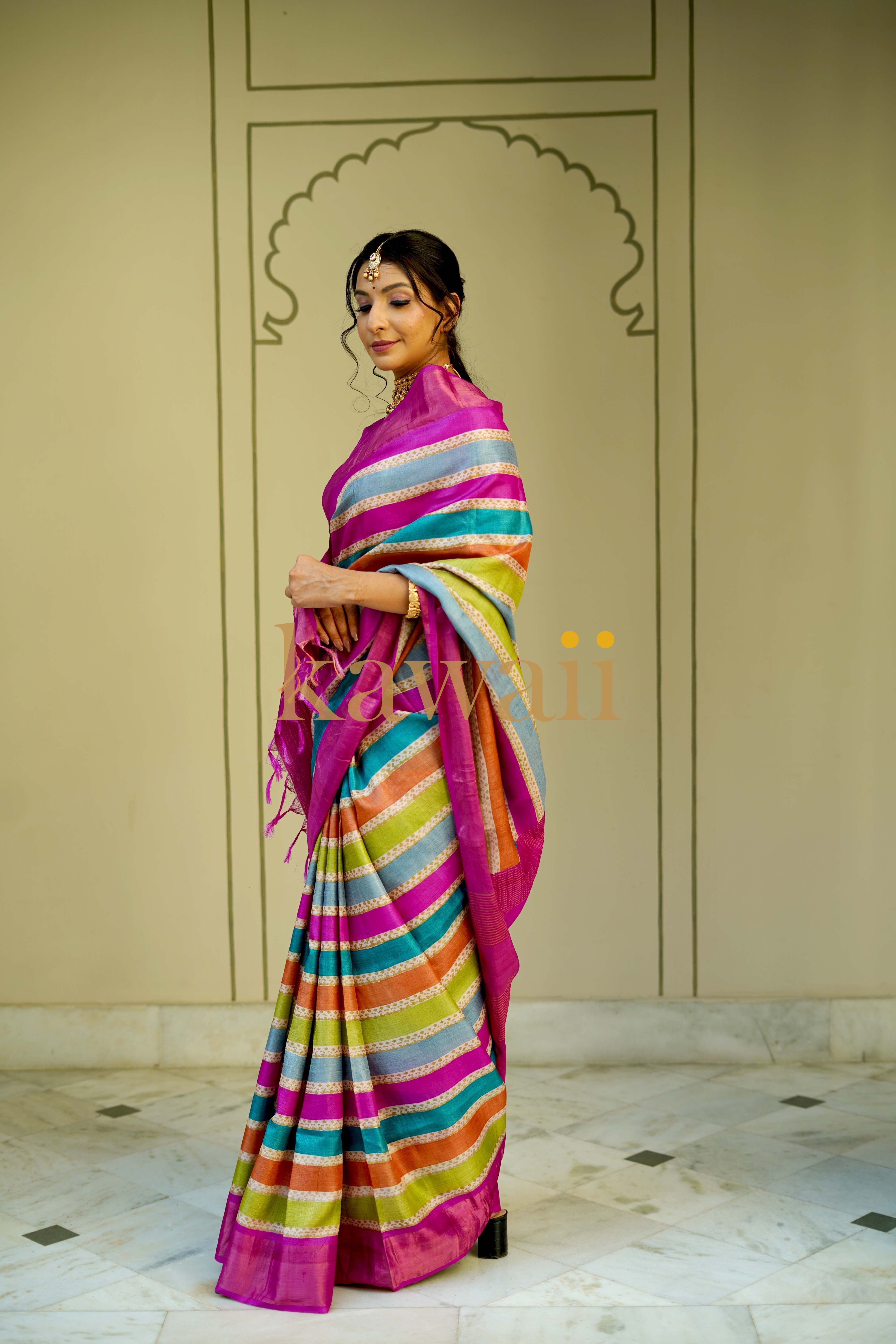 Kawaii Block Print Saree in vibrant colors made from silk tussar for elegant occasions