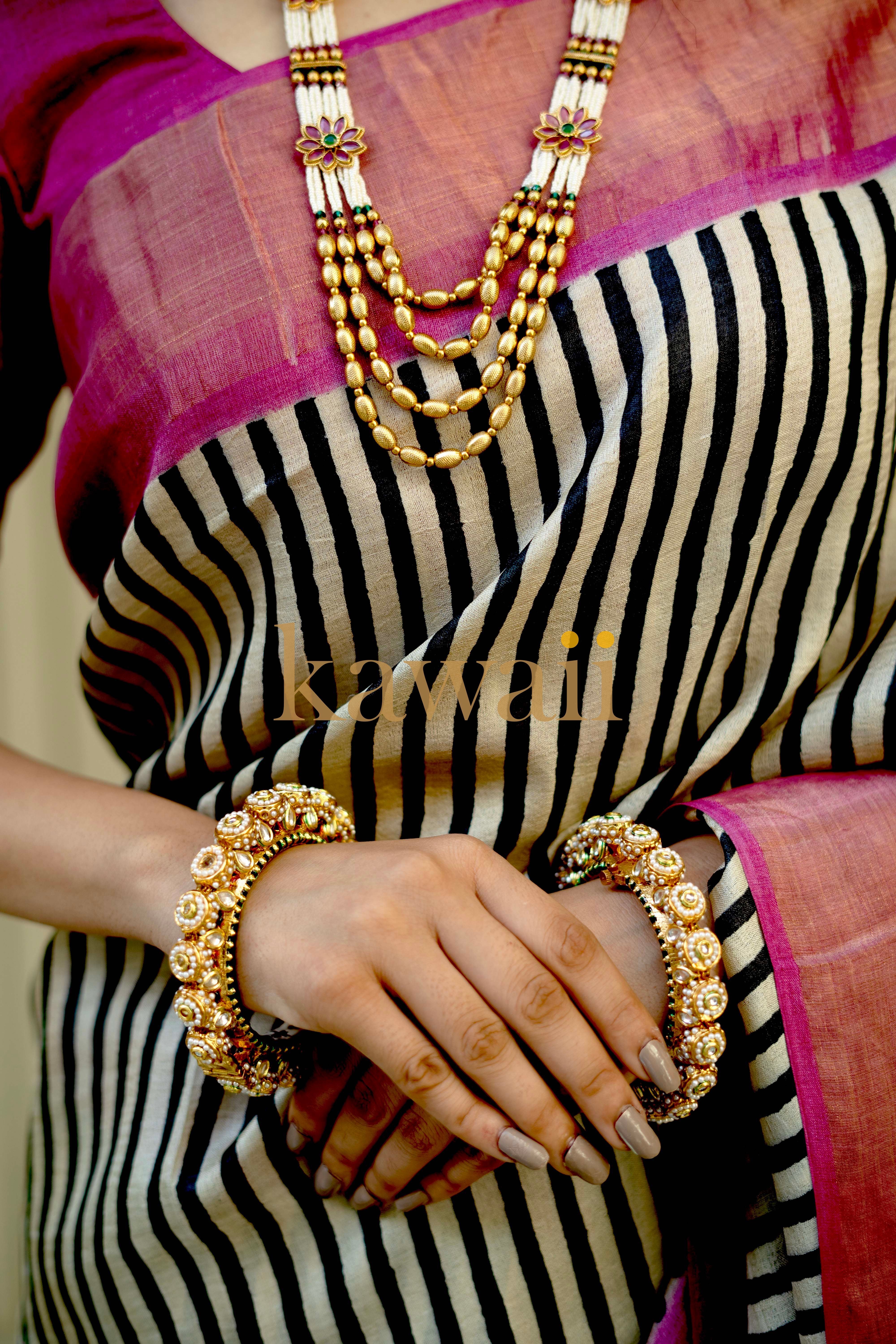 Elegant Kawaii tussar silk saree with block print and contrasting border, perfect for festive occasions