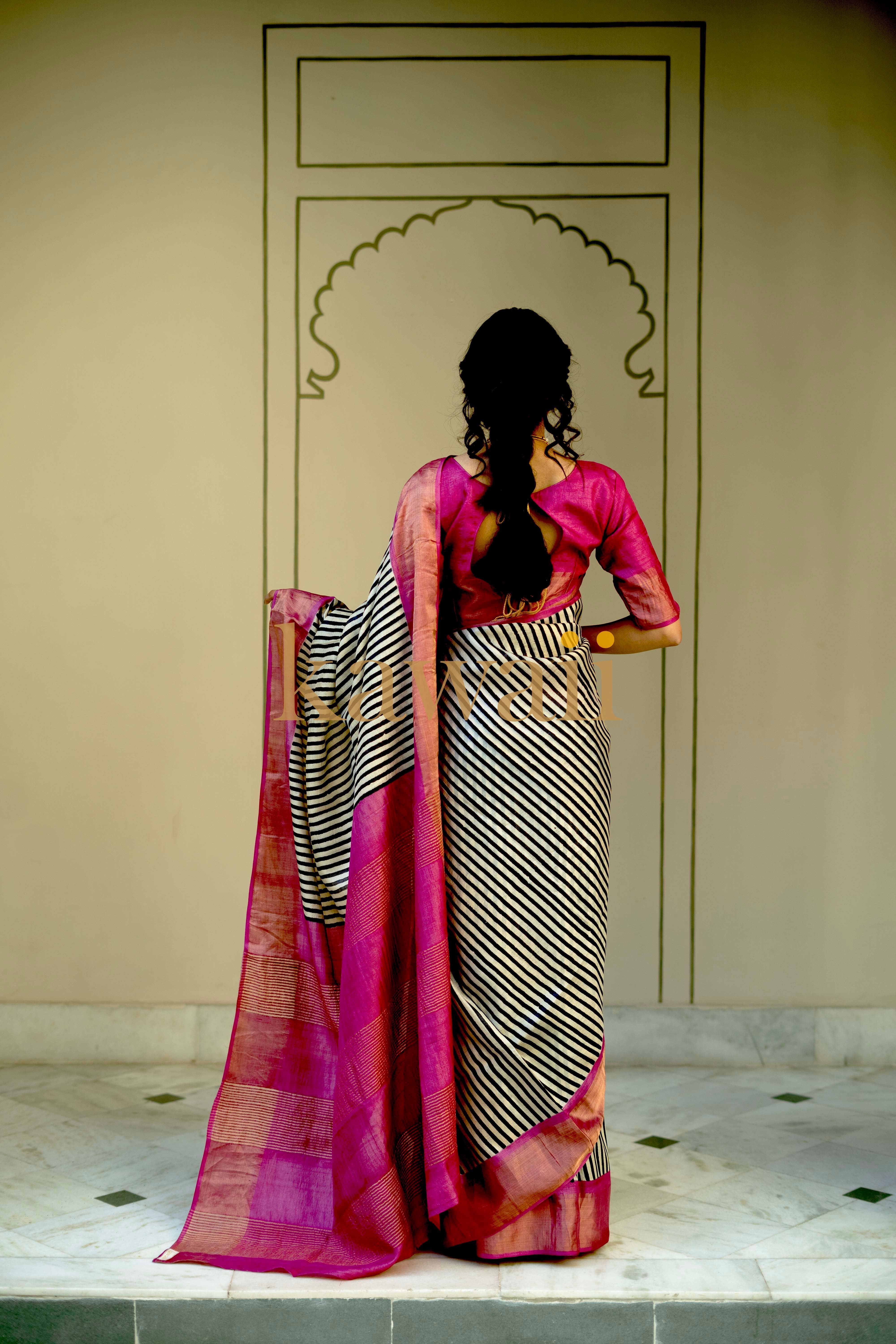 Elegant Kawaii Tussar silk saree with block print and stylish pink border for festive occasions