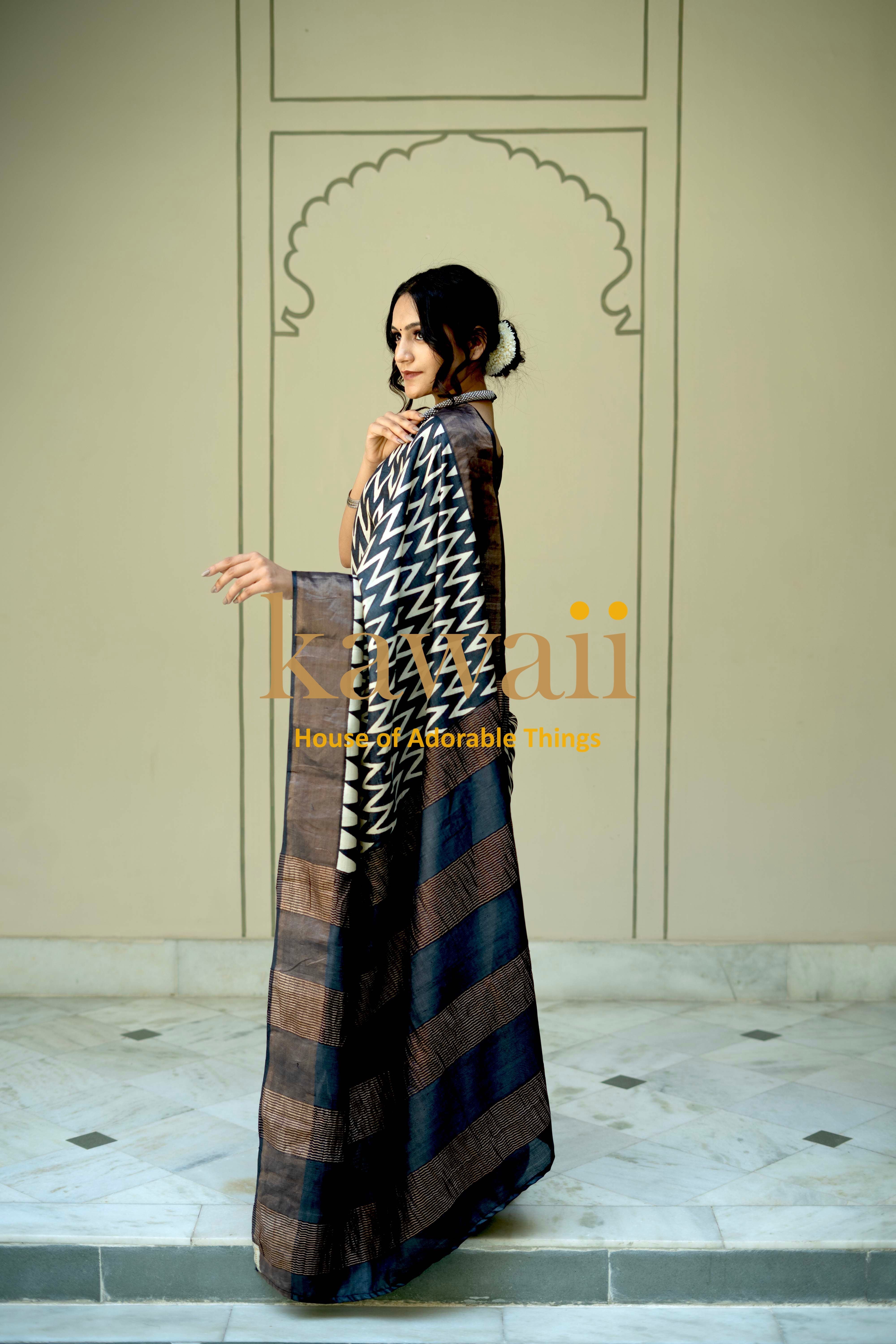 Kawaii Tussar silk saree in block print design, elegantly draped with detailed patterns