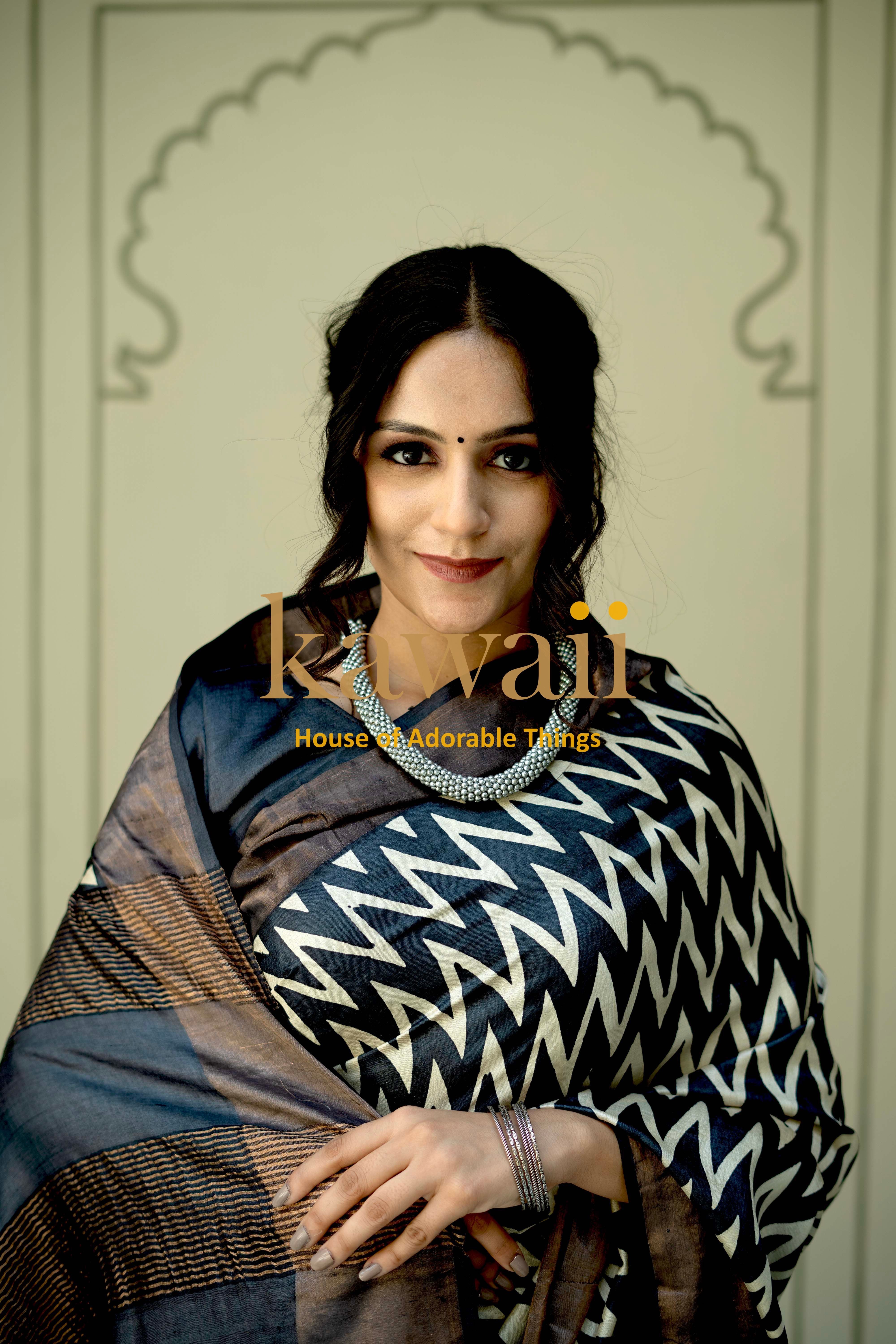 Elegant Kawaii Block Print Saree in Tussar Silk Saree with Geometric Patterns and Traditional Styling