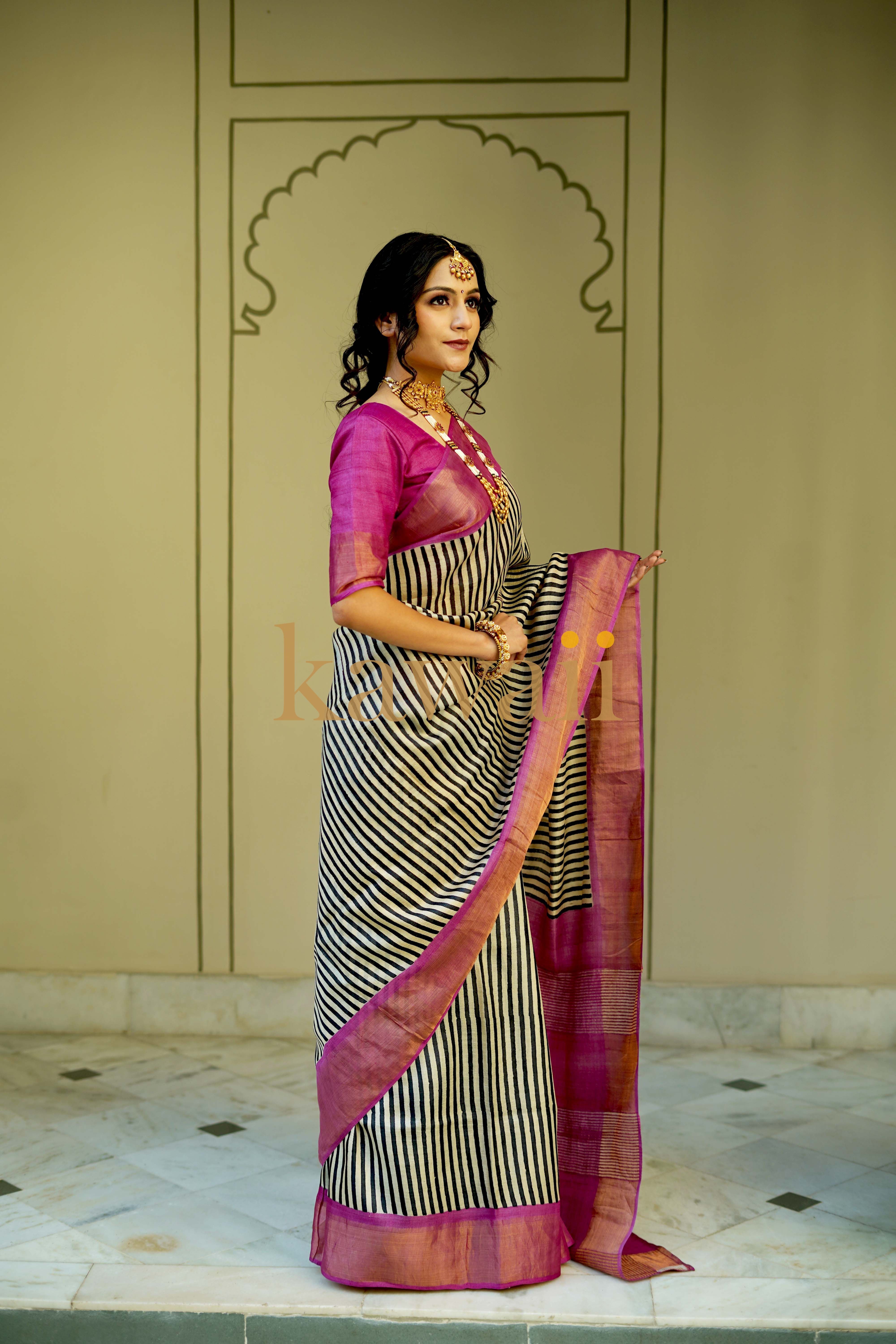 Kawaii Block Print Tussar Silk Saree in Black and Pink with Elegant Stripes and Matching Blouse