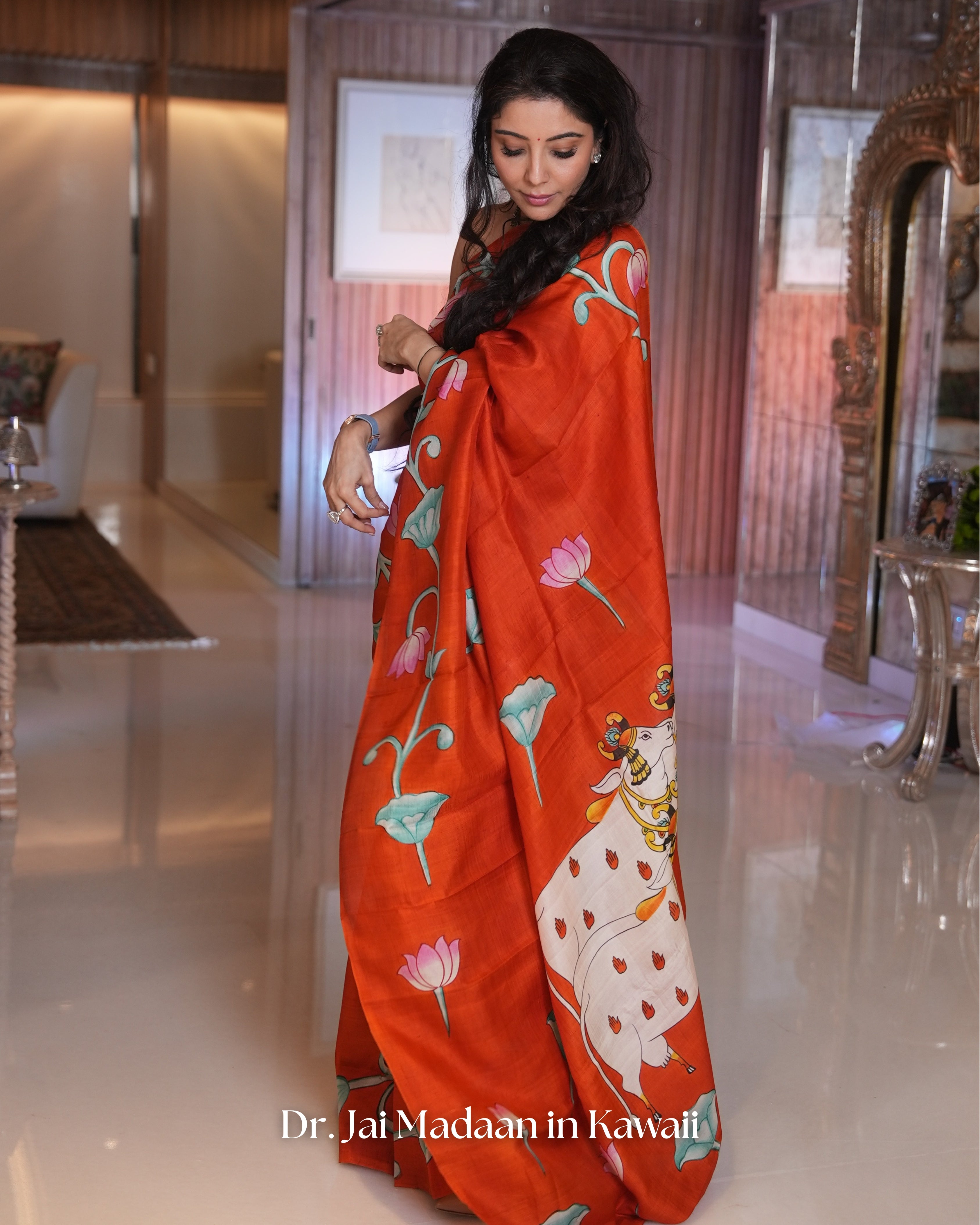 Elegant Kawaii pichwai saree featuring vibrant colors and intricate floral designs
