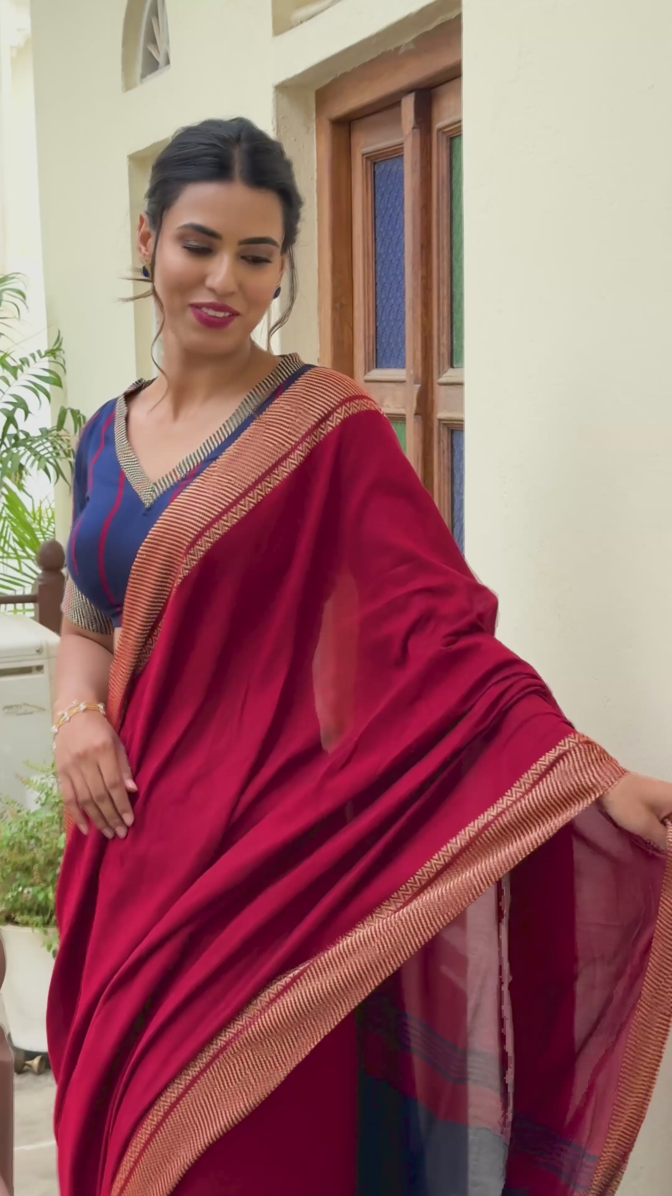 Karma Crimson Red & Royal Blue Handloom Cotton Saree