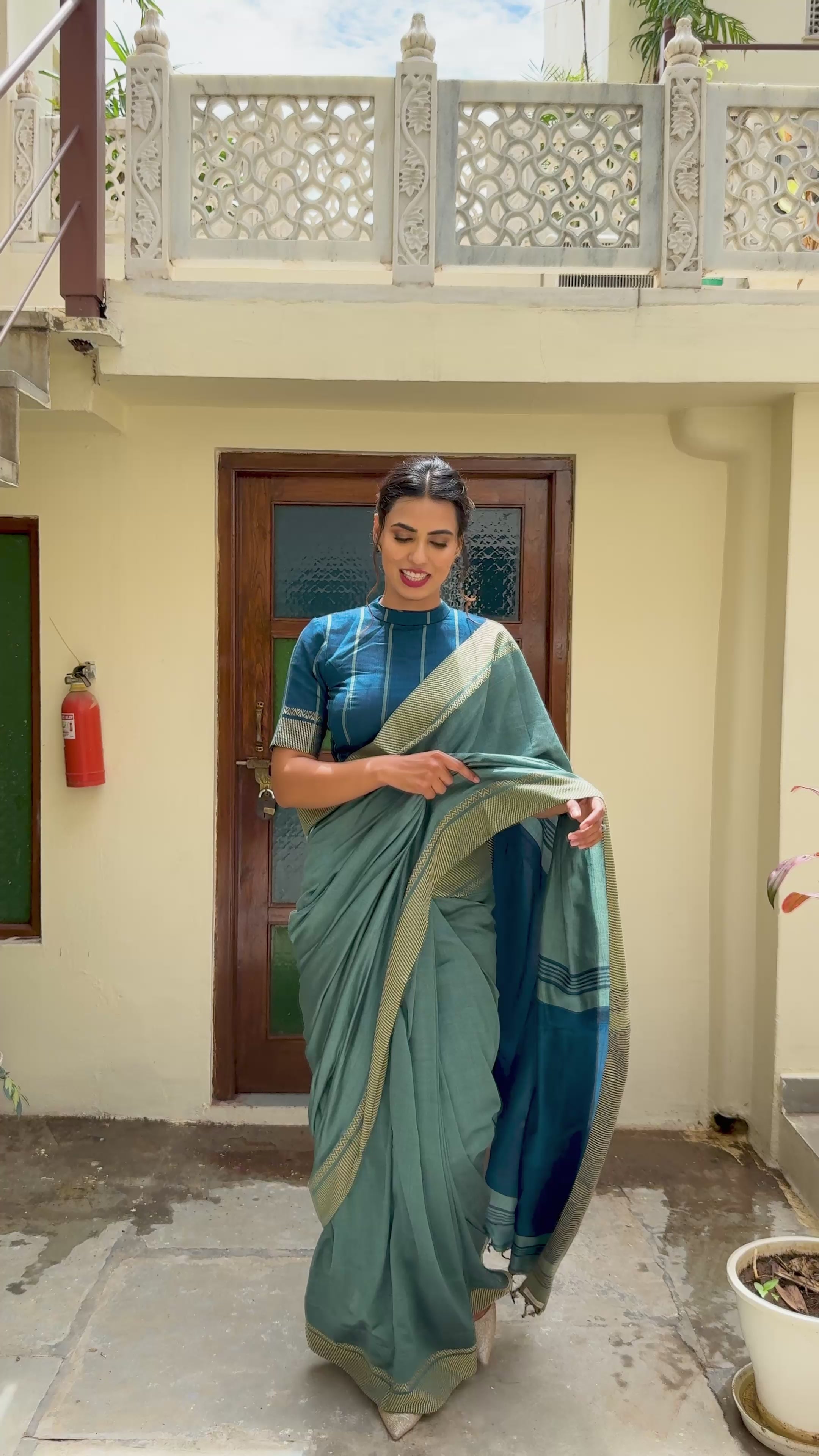 Amara Sage Green and Deep Blue Handloom Cotton Saree