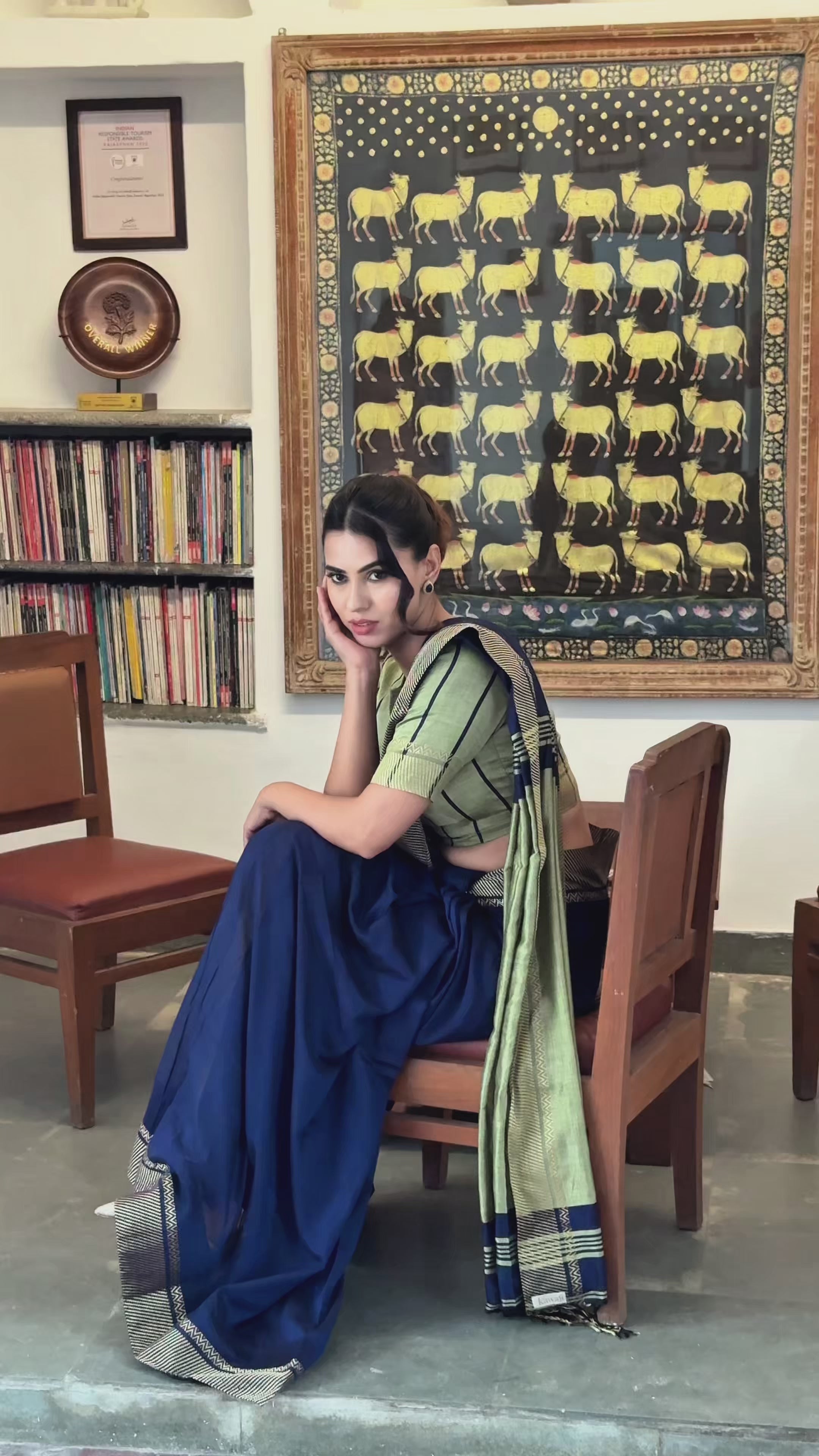 Vaani Royal Blue and Lime Green Handloom Cotton Saree