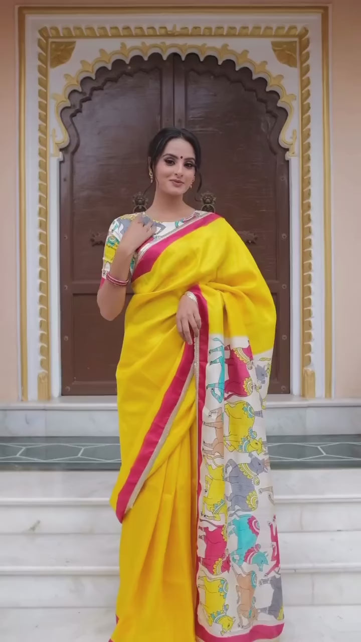 Chitra Sacred Pichwai Cows Yellow Handpainted Saree