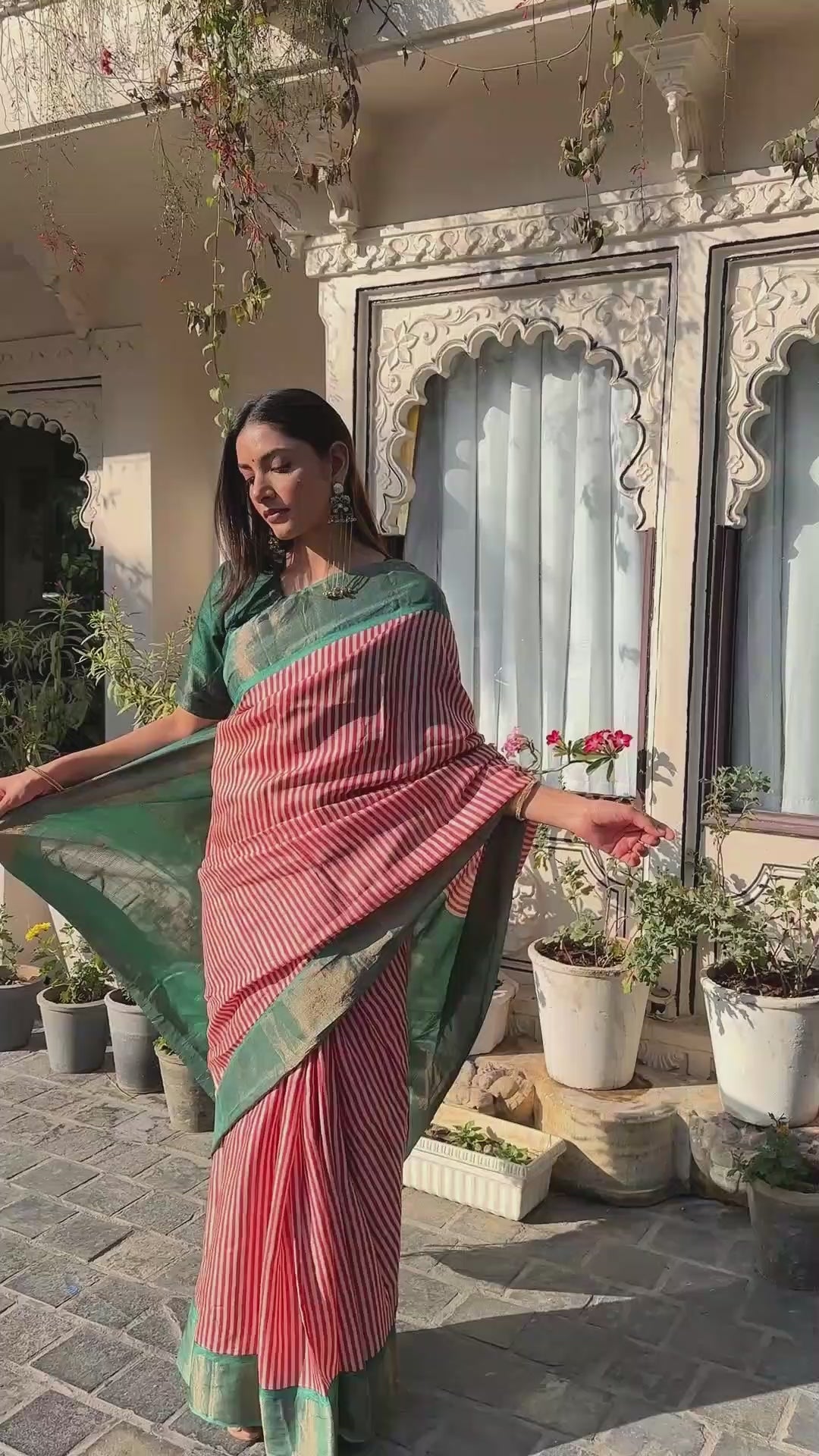 Sutra Striped Hand Block Print Tussar Silk Saree