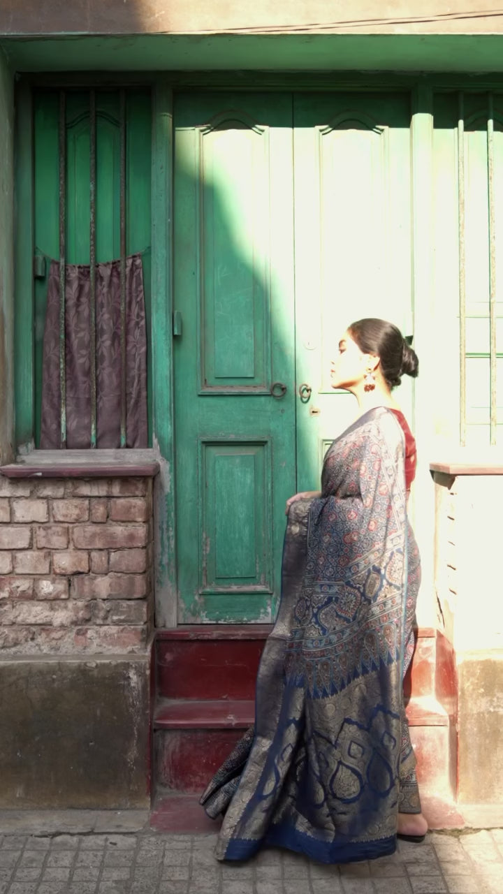 Raaga Ajrakh Saree - Handcrafted On Dola Silk