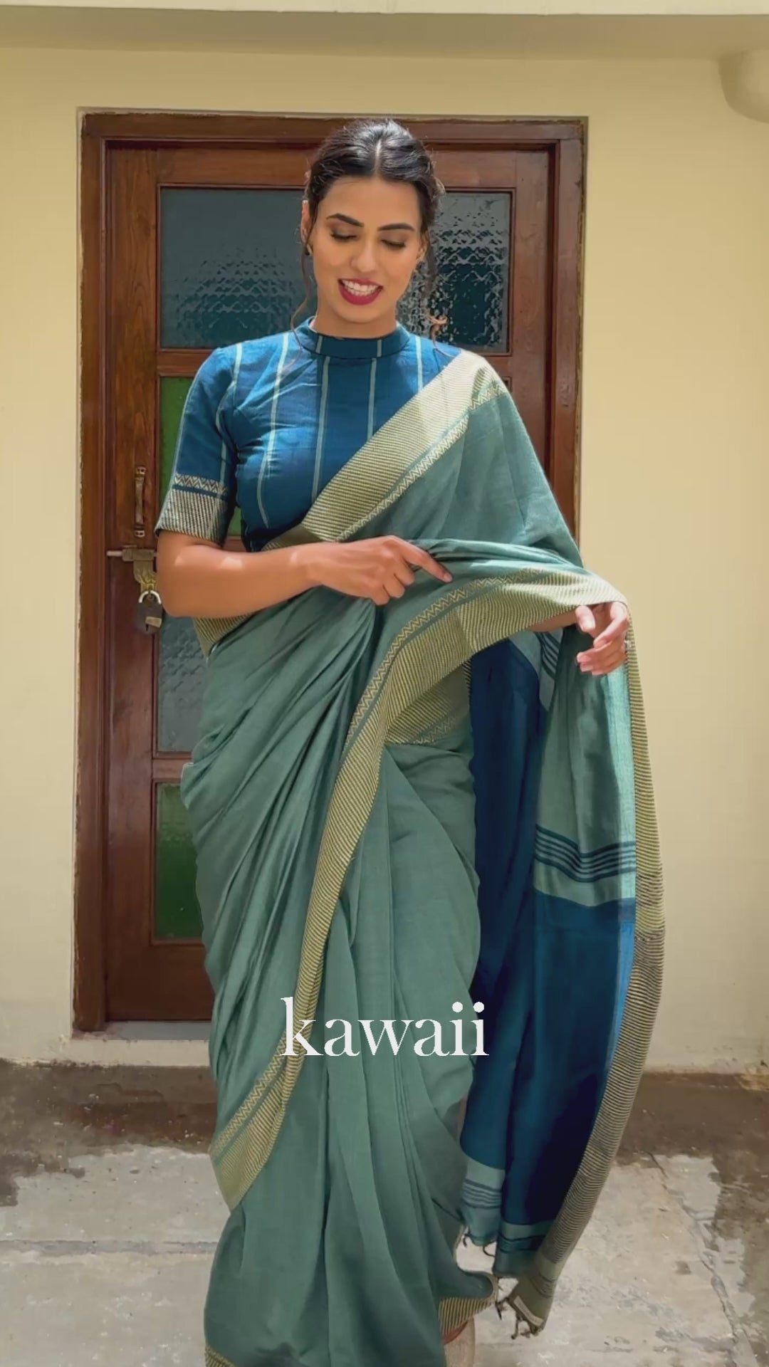 Amara Sage Green and Deep Blue Handloom Cotton Saree