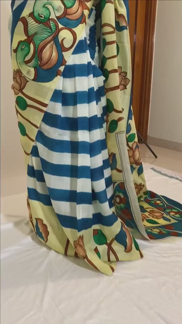 Neelkanth Kalamkari Design Handpainted on Pure Silk Saree