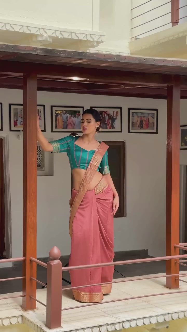 Vindhya Peacock Teal & Dusty Rose Handloom Cotton Saree