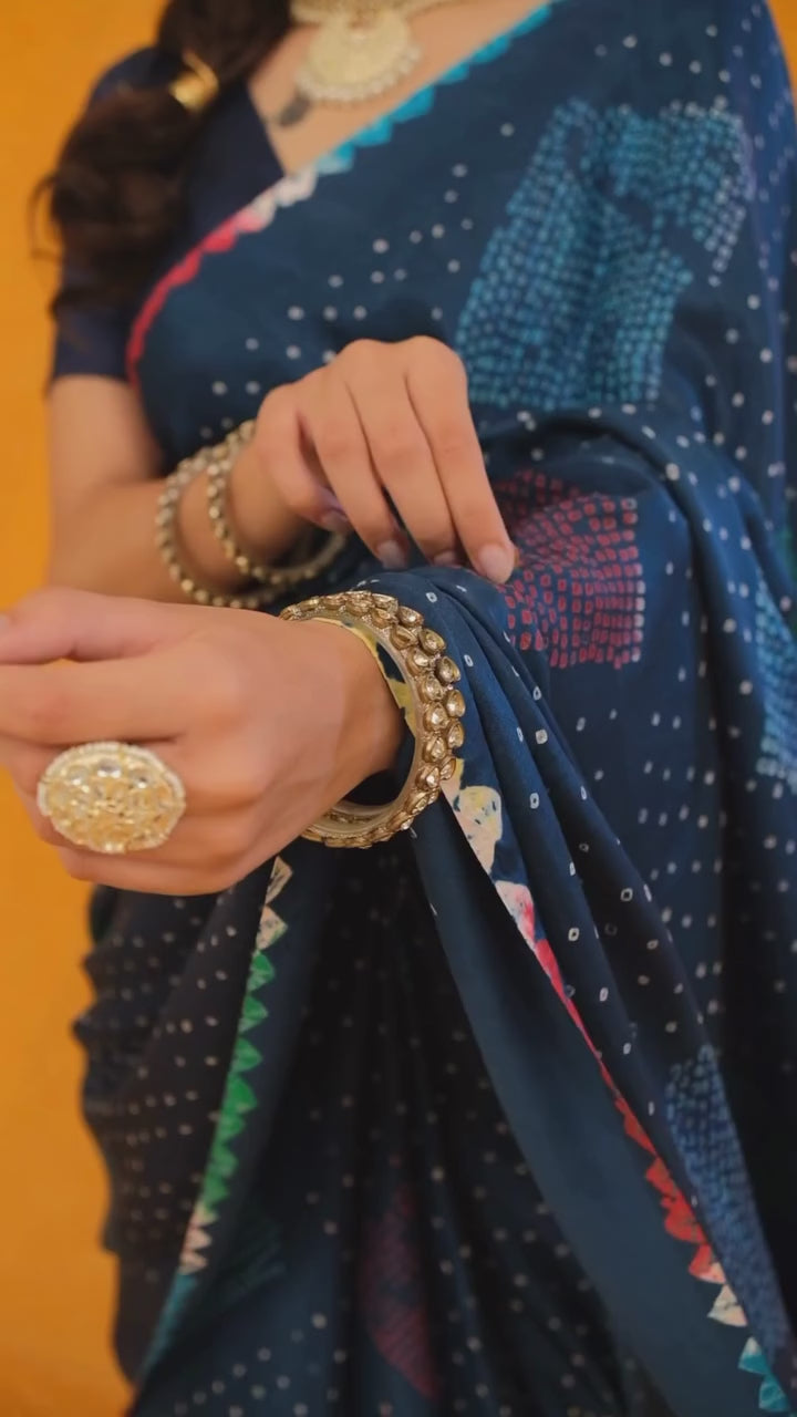 Rangrez Handcrafted Bandhani Design on Pure Gajji Silk Saree