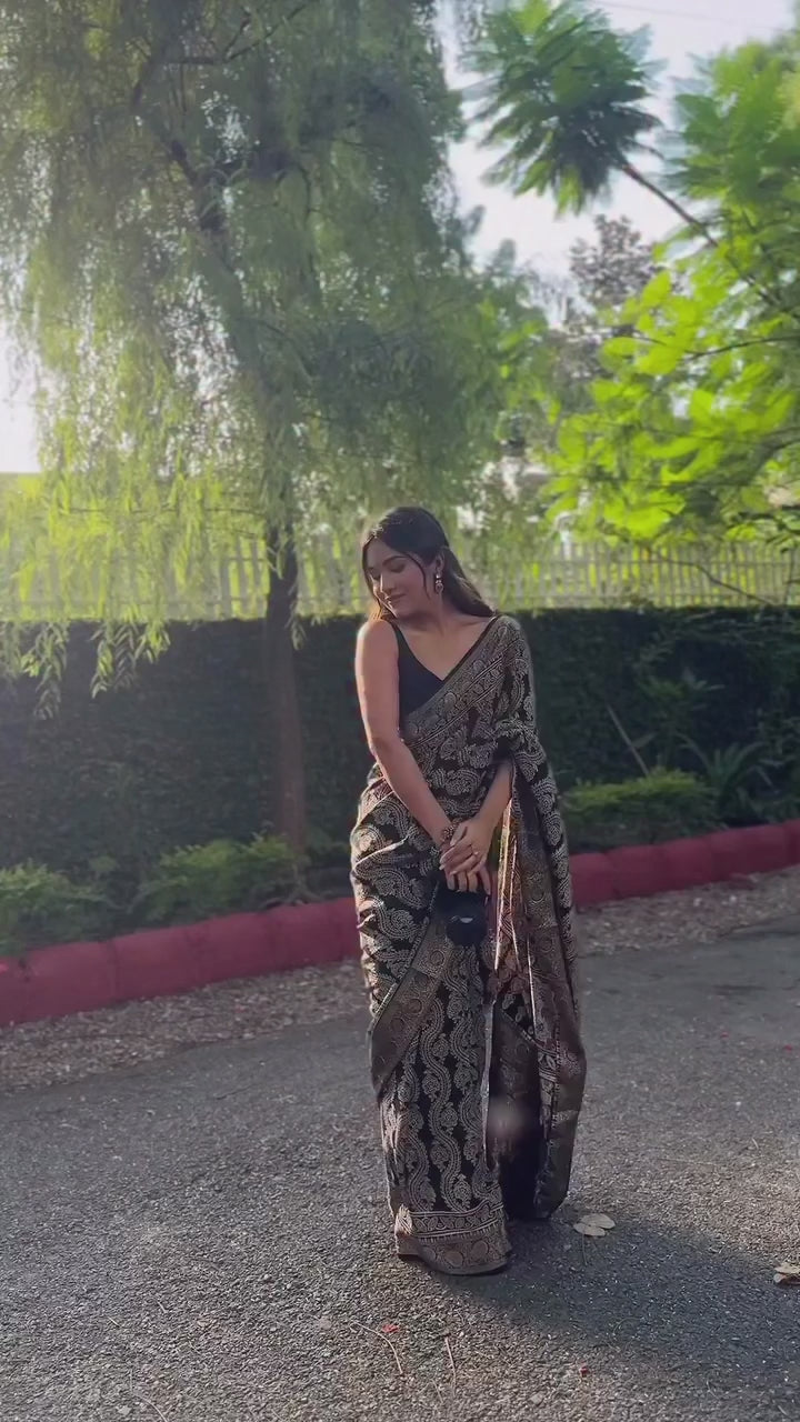 Neelambara Handcrafted Ajrakh Saree on Dola Silk